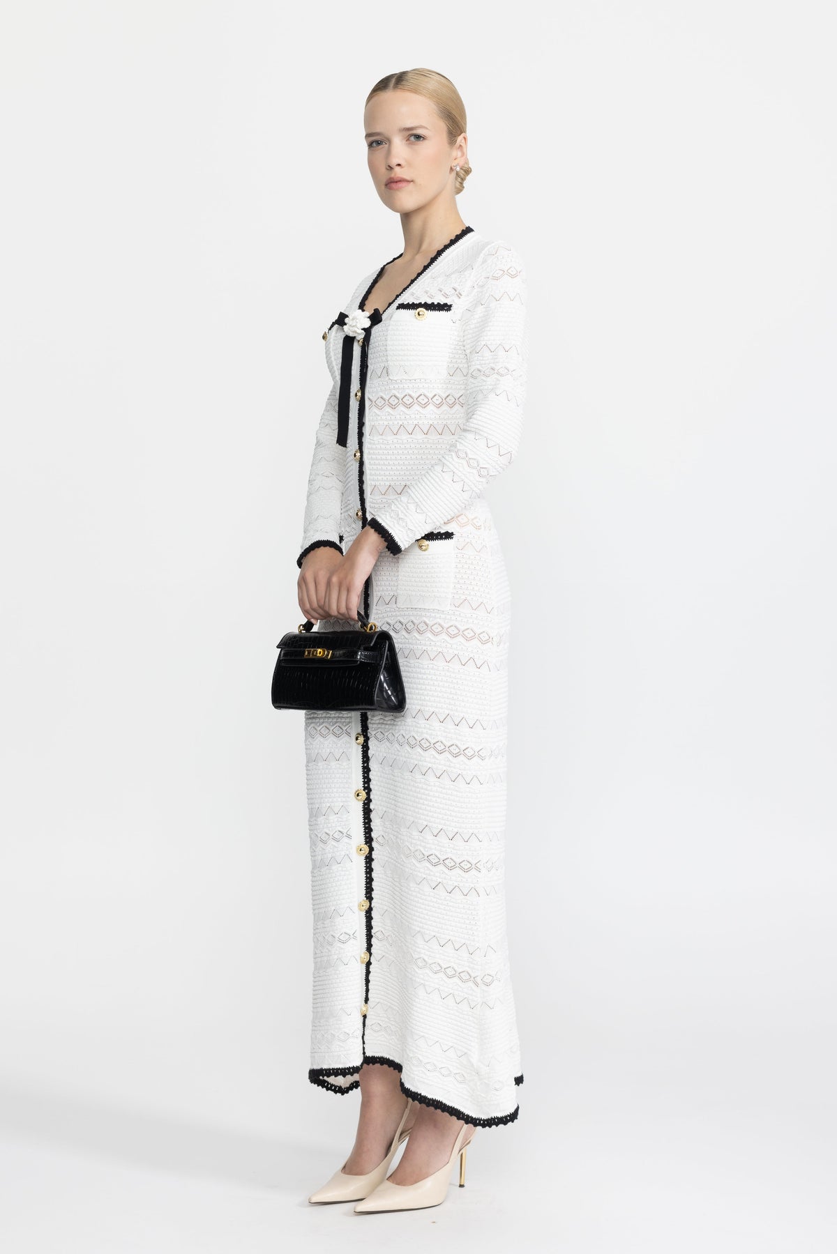 Adeline White Crochet Trim Knit Button Midi Dress with Flower Brooch