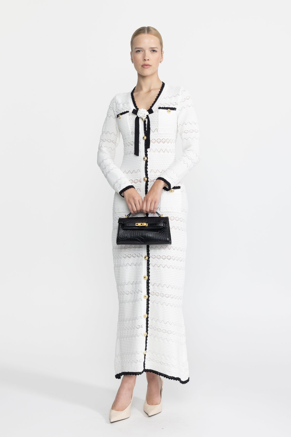 Adeline White Crochet Trim Knit Button Midi Dress with Flower Brooch