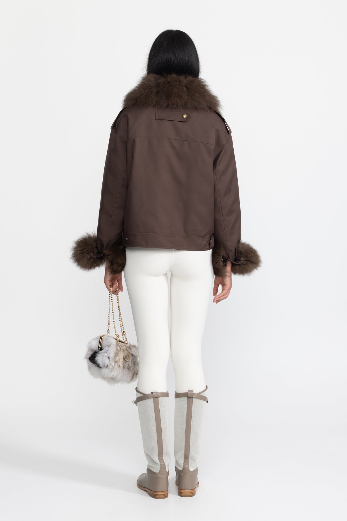 Angèle Chocolate Fox Fur Collar and Cuff Down Utility Jacket