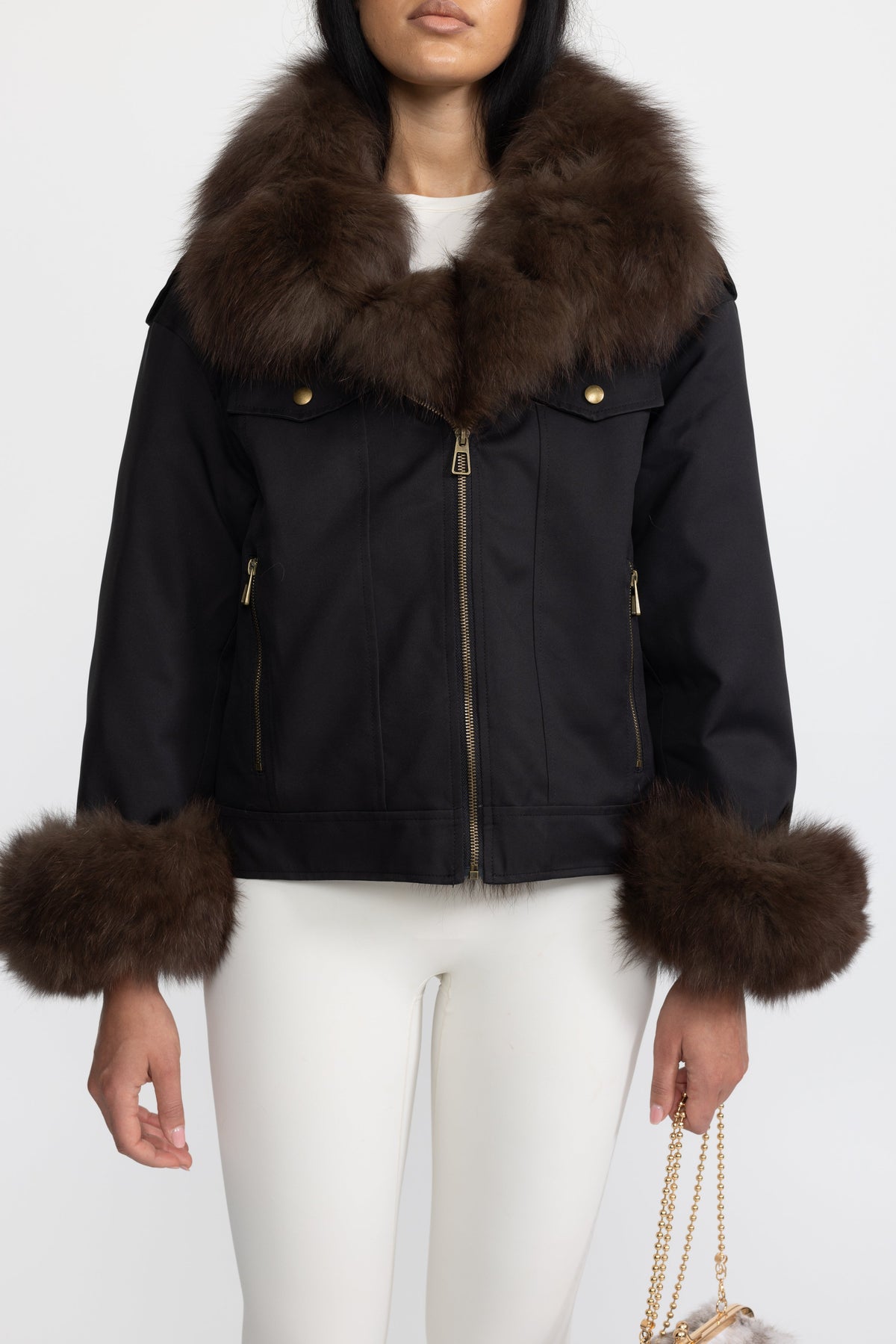 Angèle Black Fox Fur Collar and Cuff Down Utility Jacket