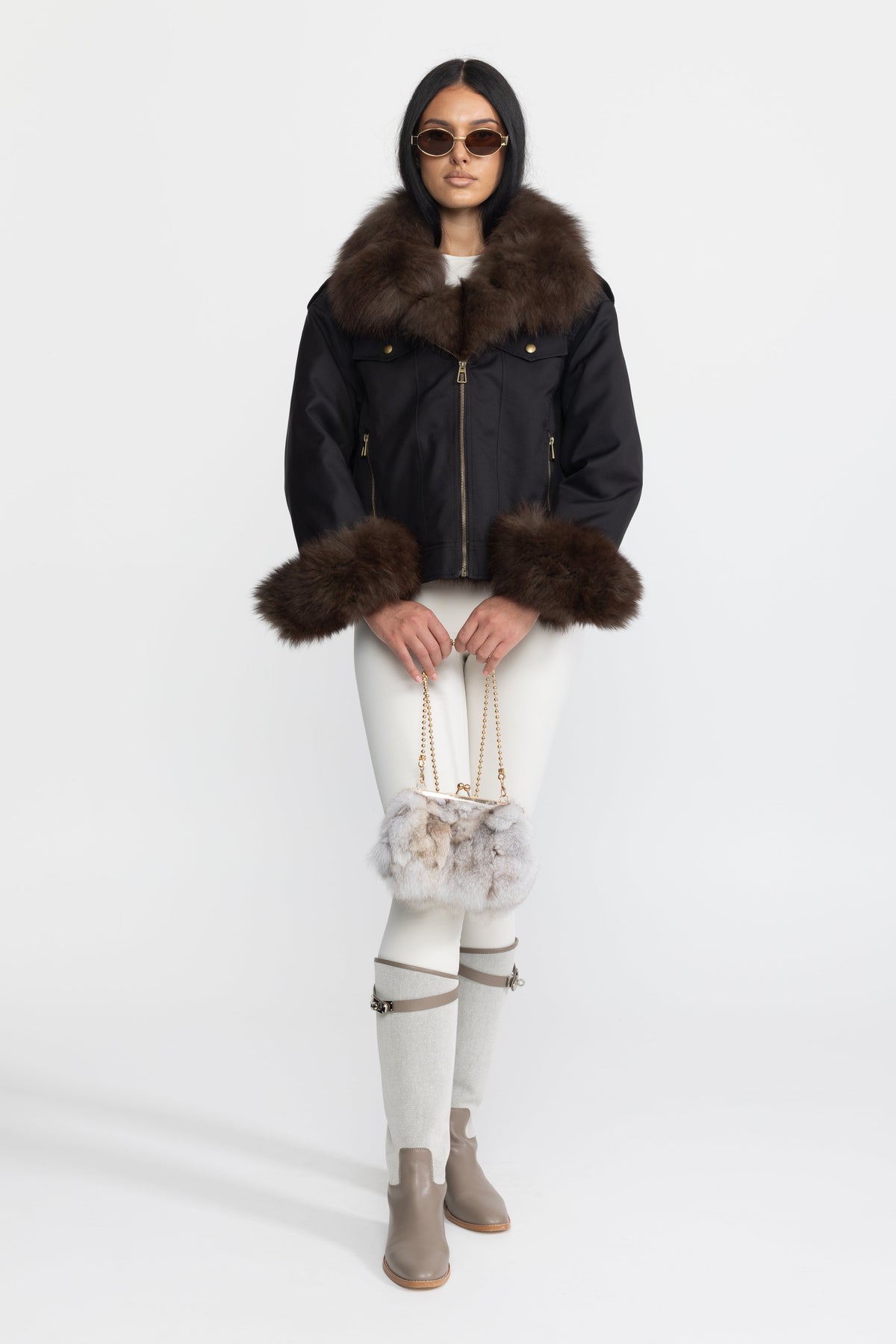 Angèle Black Fox Fur Collar and Cuff Down Utility Jacket