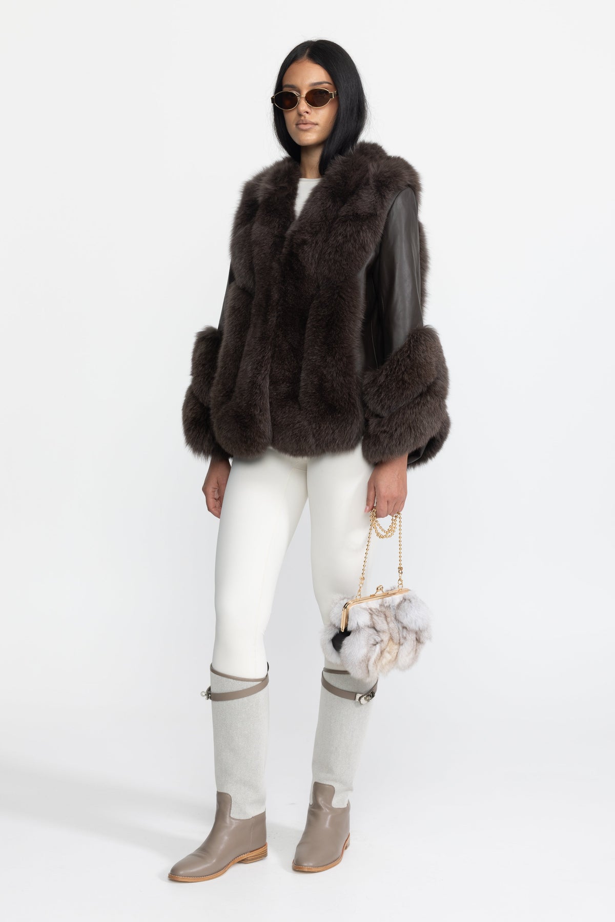 Athénaïs Chocolate Fox Fur Panel Shearling Jacket