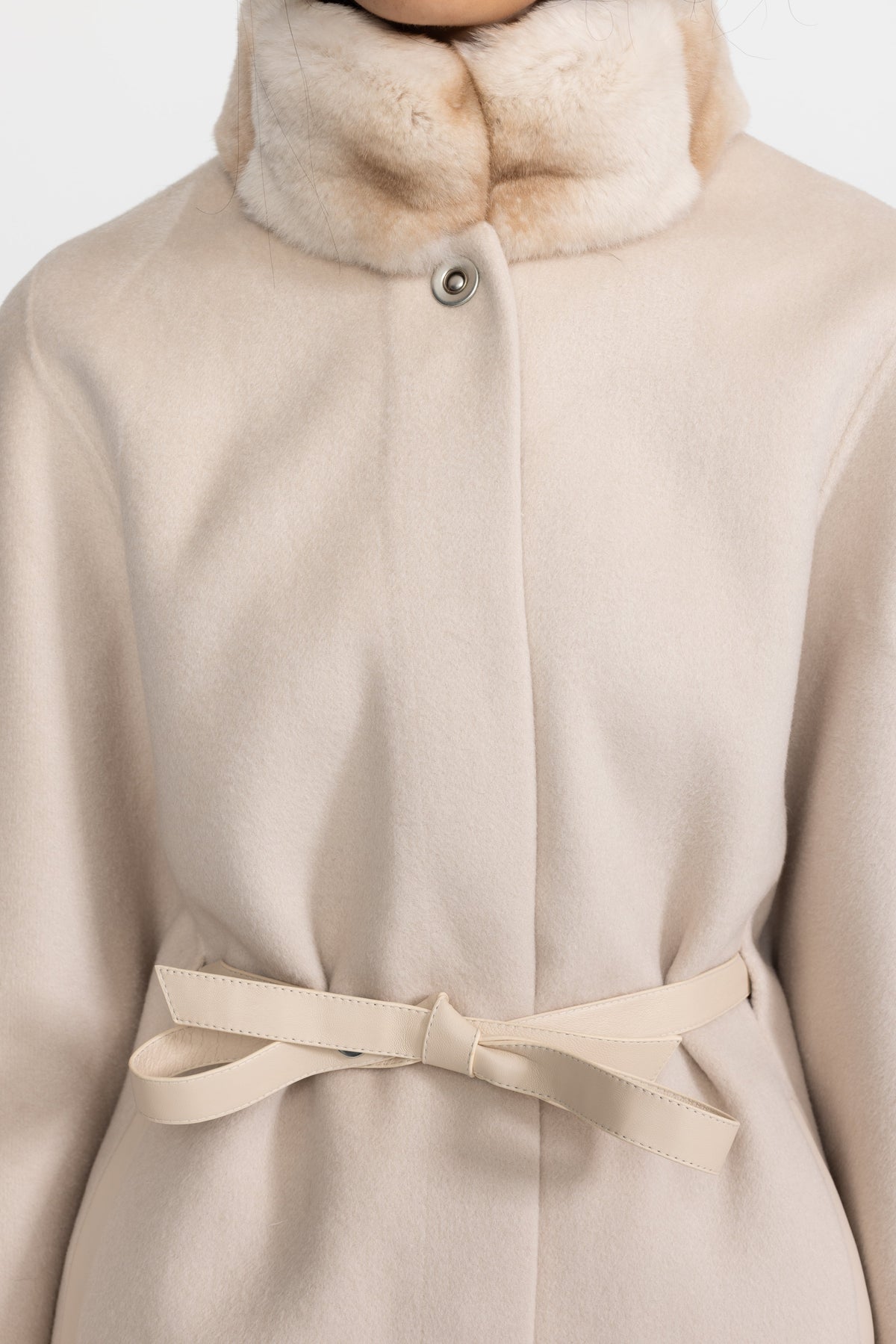 Marthe Ivoire Belted Wool&Cashmere Cape Coat with Chinchilla Rex Fur Collar and Cuffs