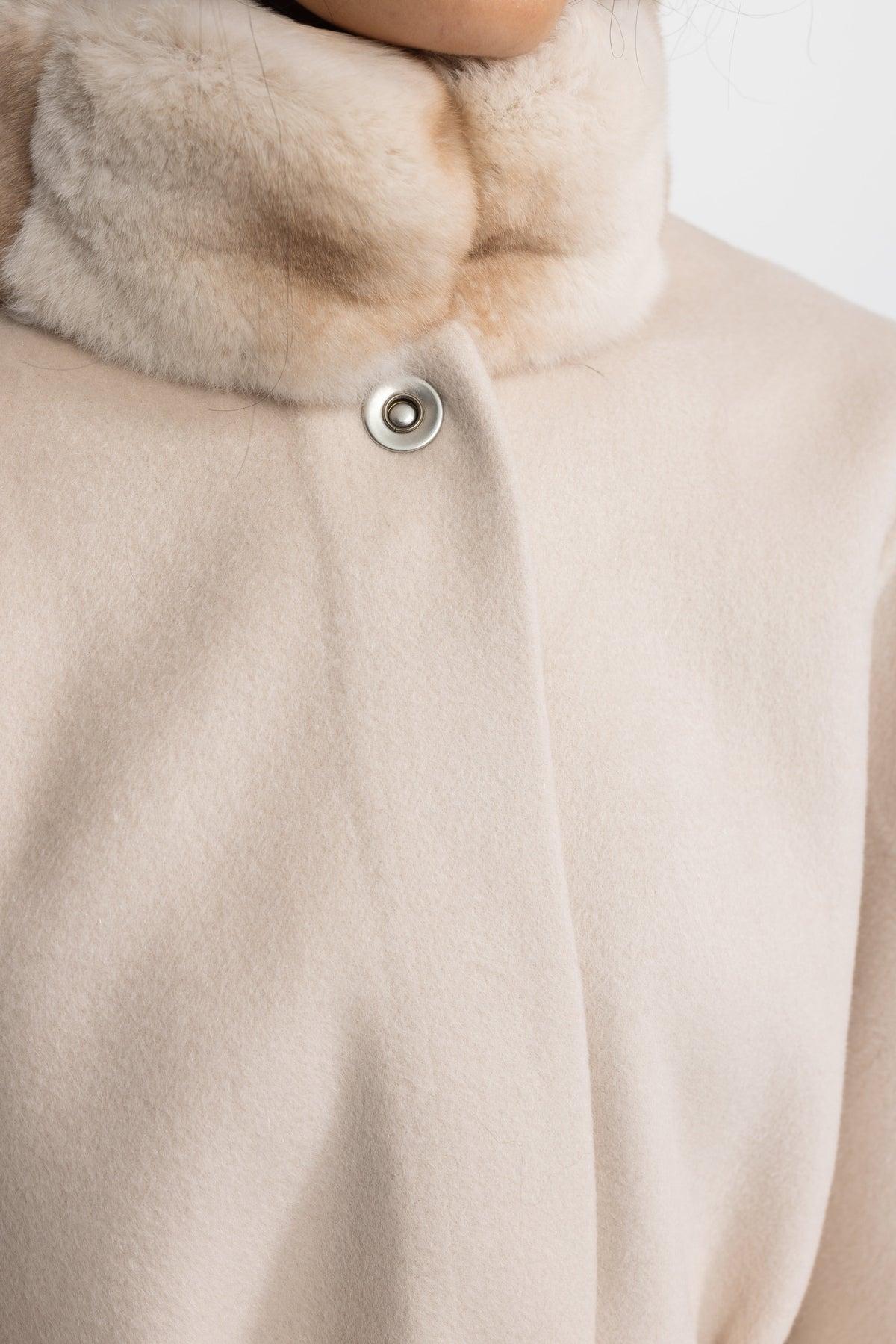 Marthe Ivoire Belted Wool&Cashmere Cape Coat with Chinchilla Rex Fur Collar and Cuffs