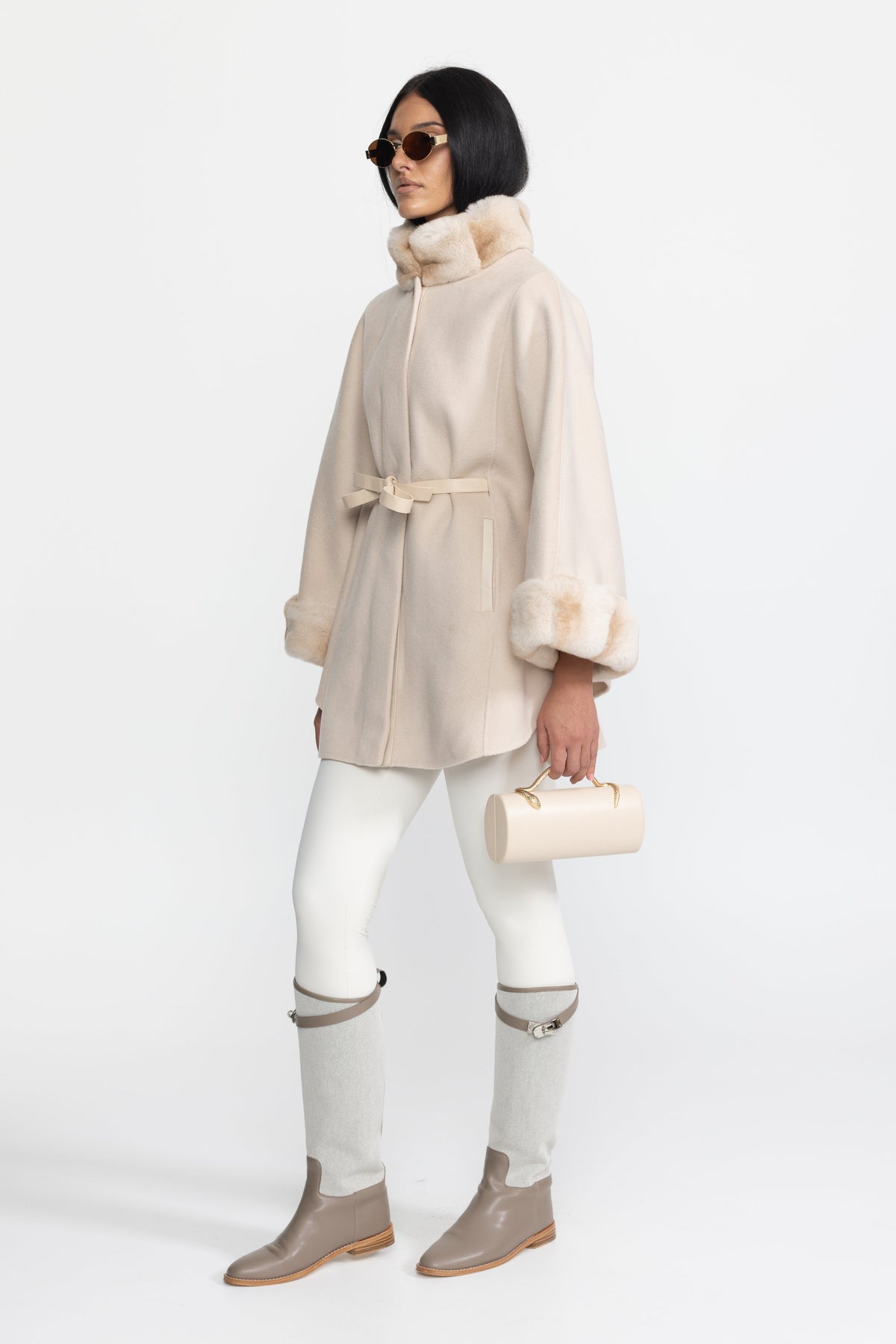 Marthe Ivoire Belted Wool&Cashmere Cape Coat with Chinchilla Rex Fur Collar and Cuffs