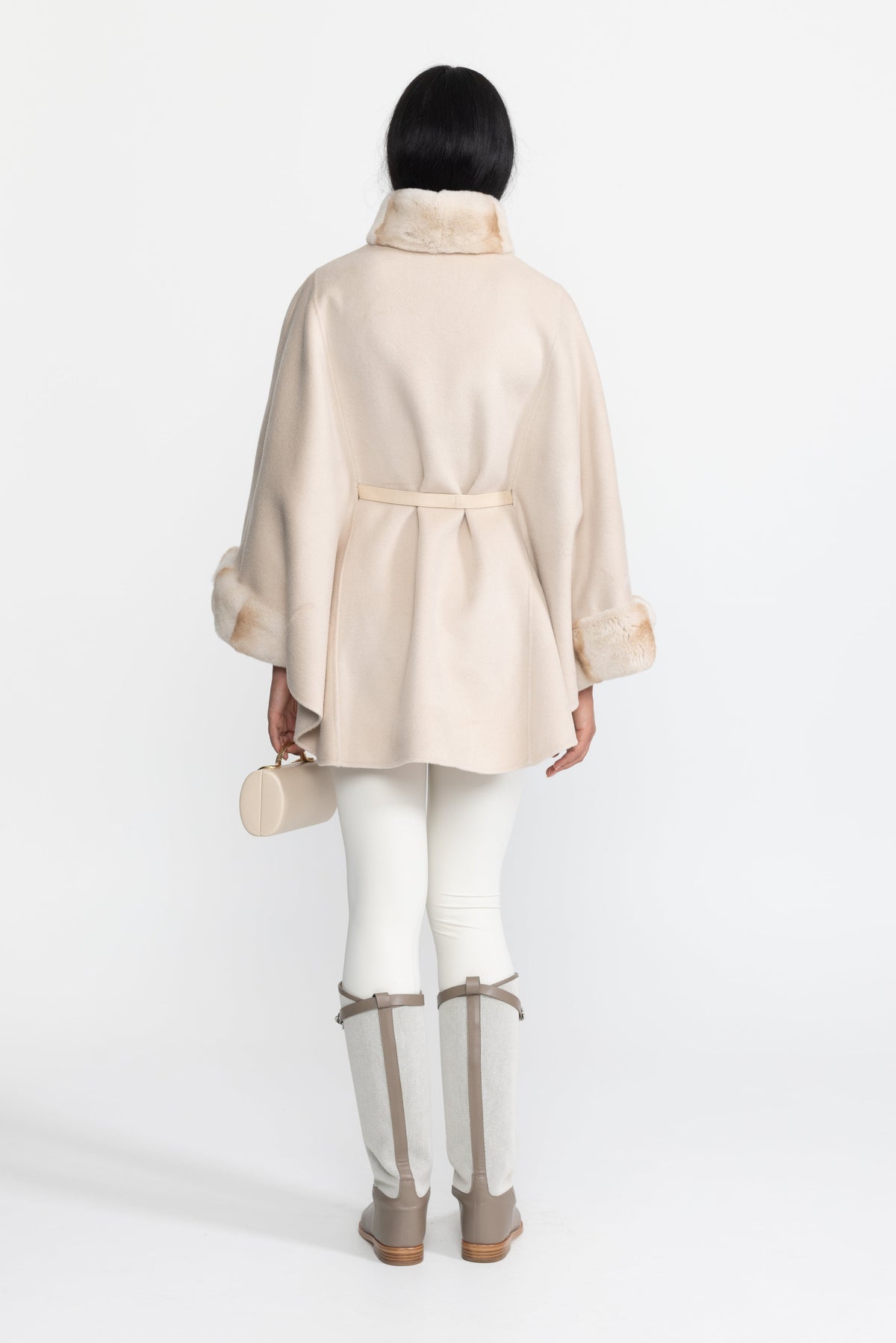 Marthe Ivoire Belted Wool&Cashmere Cape Coat with Chinchilla Rex Fur Collar and Cuffs