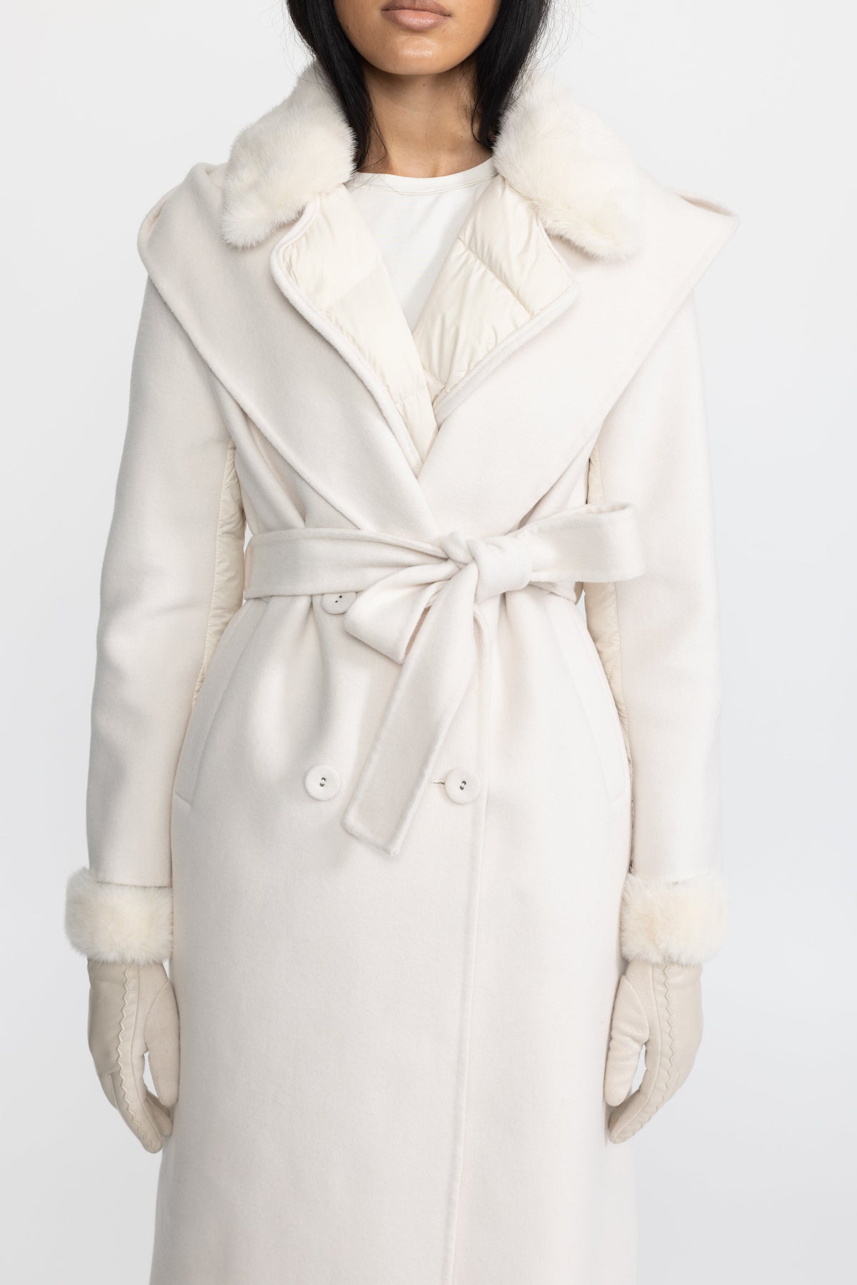 Bathilde Ivoire Quilted Back Hooded Wool Wrap Coat with Mink Fur