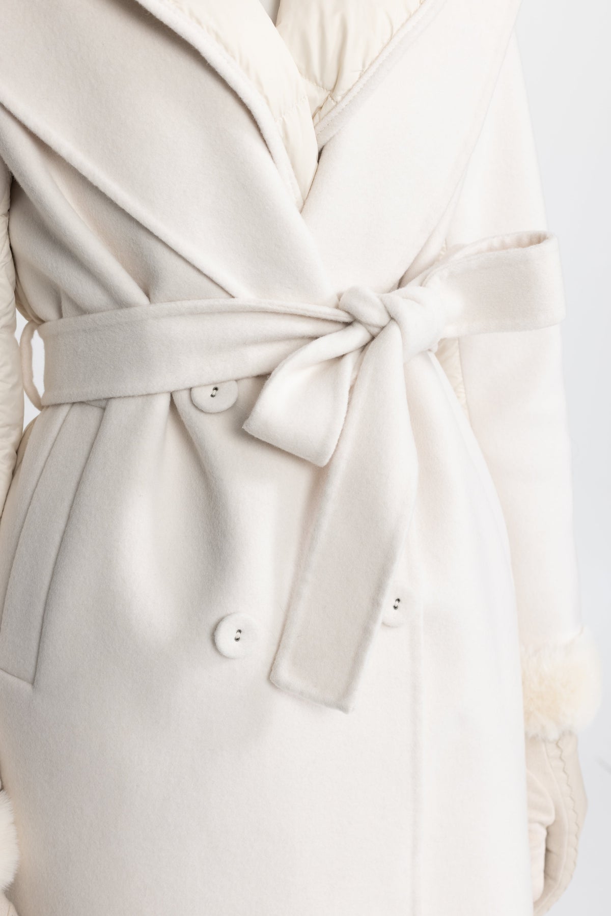 Bathilde Ivoire Quilted Back Hooded Wool Wrap Coat with Mink Fur