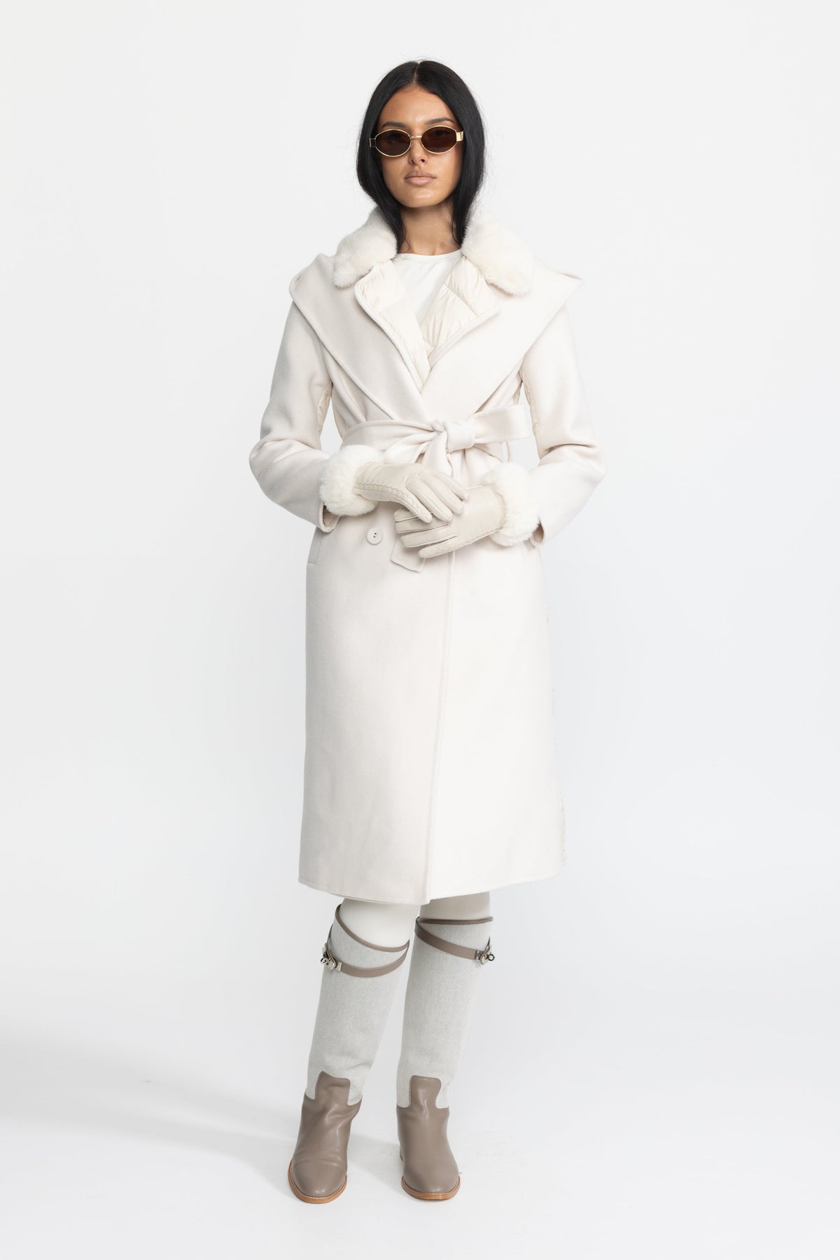 Bathilde Ivoire Quilted Back Hooded Wool Wrap Coat with Mink Fur