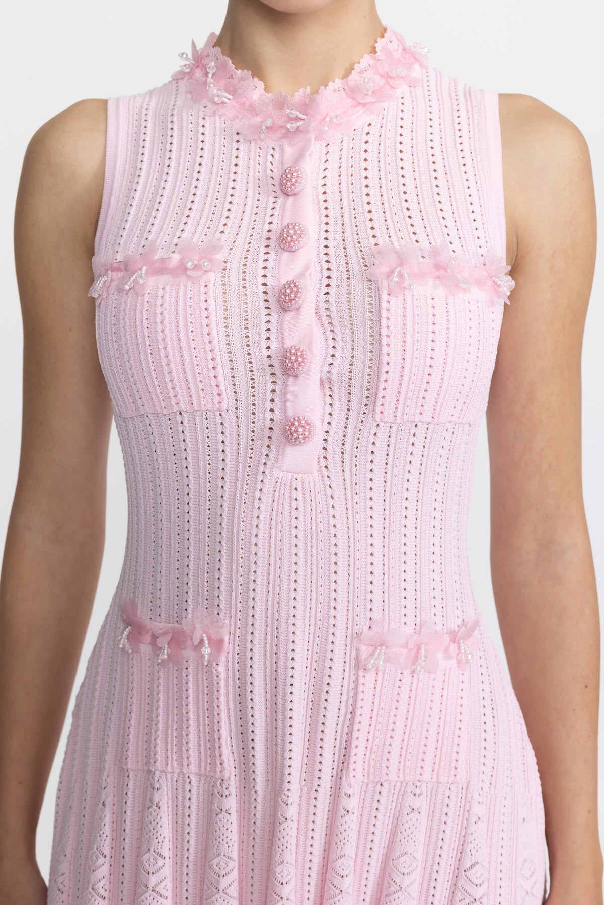 Flavie Pink Organza Flower Trim Pointelle Knit Mini Dress