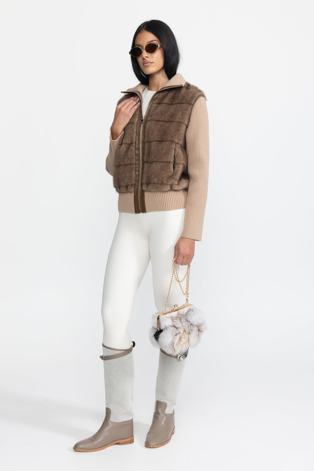 Calixte Mocha Plush Panel Knit Sleeve Zip Jacket