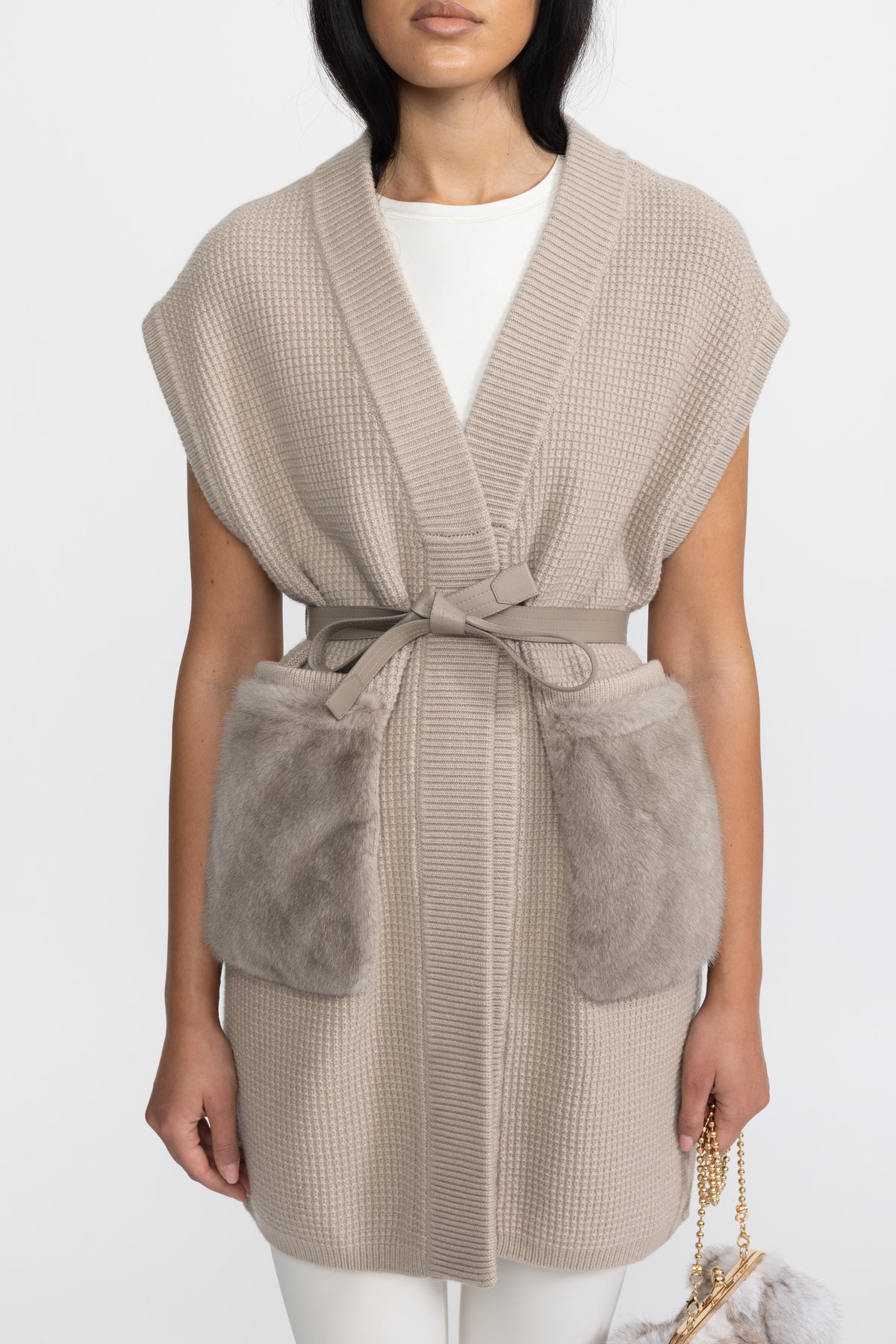 Clélia Beige Belted Waffle Knit Gilet with Mink Fur Pockets