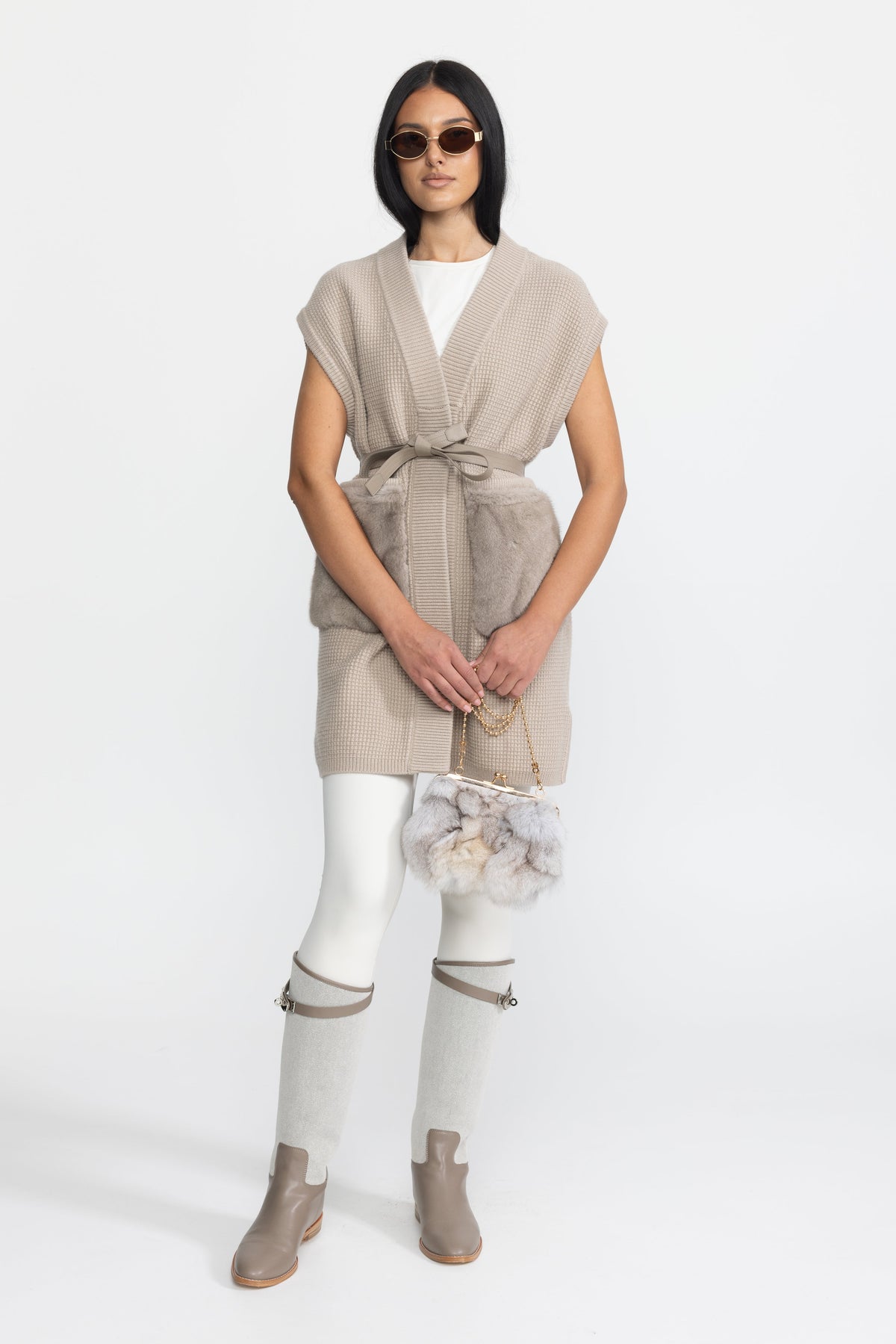 Clélia Beige Belted Waffle Knit Gilet with Mink Fur Pockets