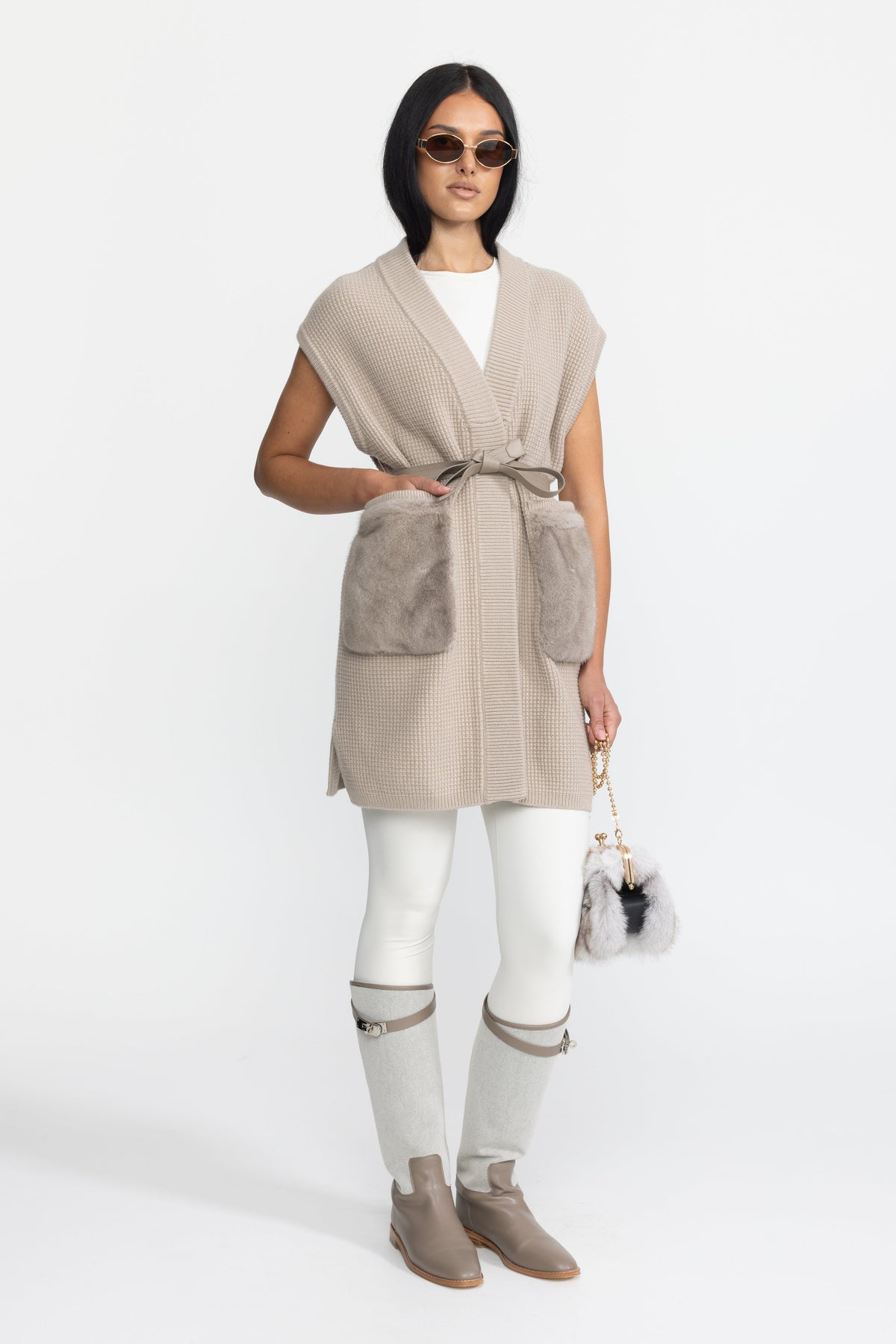 Clélia Beige Belted Waffle Knit Gilet with Mink Fur Pockets