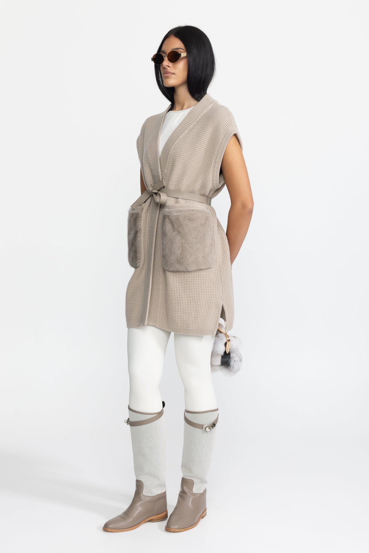 Clélia Beige Belted Waffle Knit Gilet with Mink Fur Pockets