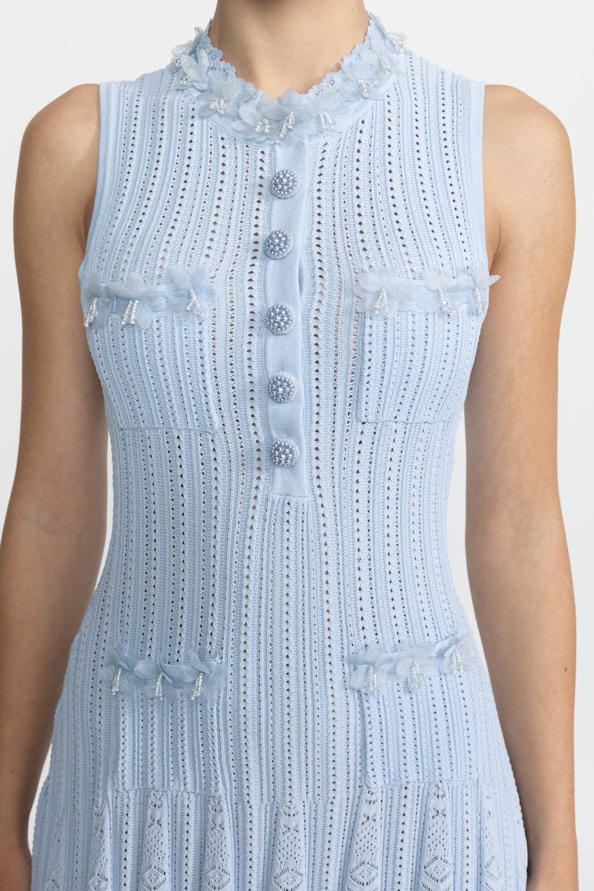 Flavie Light Blue Organza Flower Trim Pointelle Knit Mini Dress