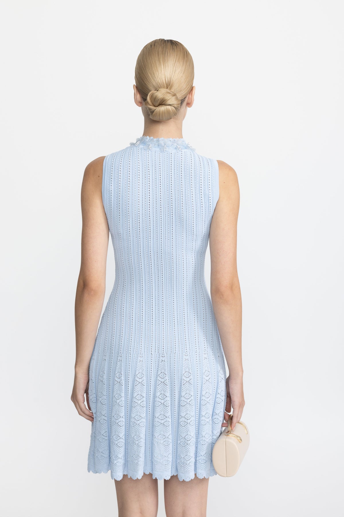 Flavie Light Blue Organza Flower Trim Pointelle Knit Mini Dress