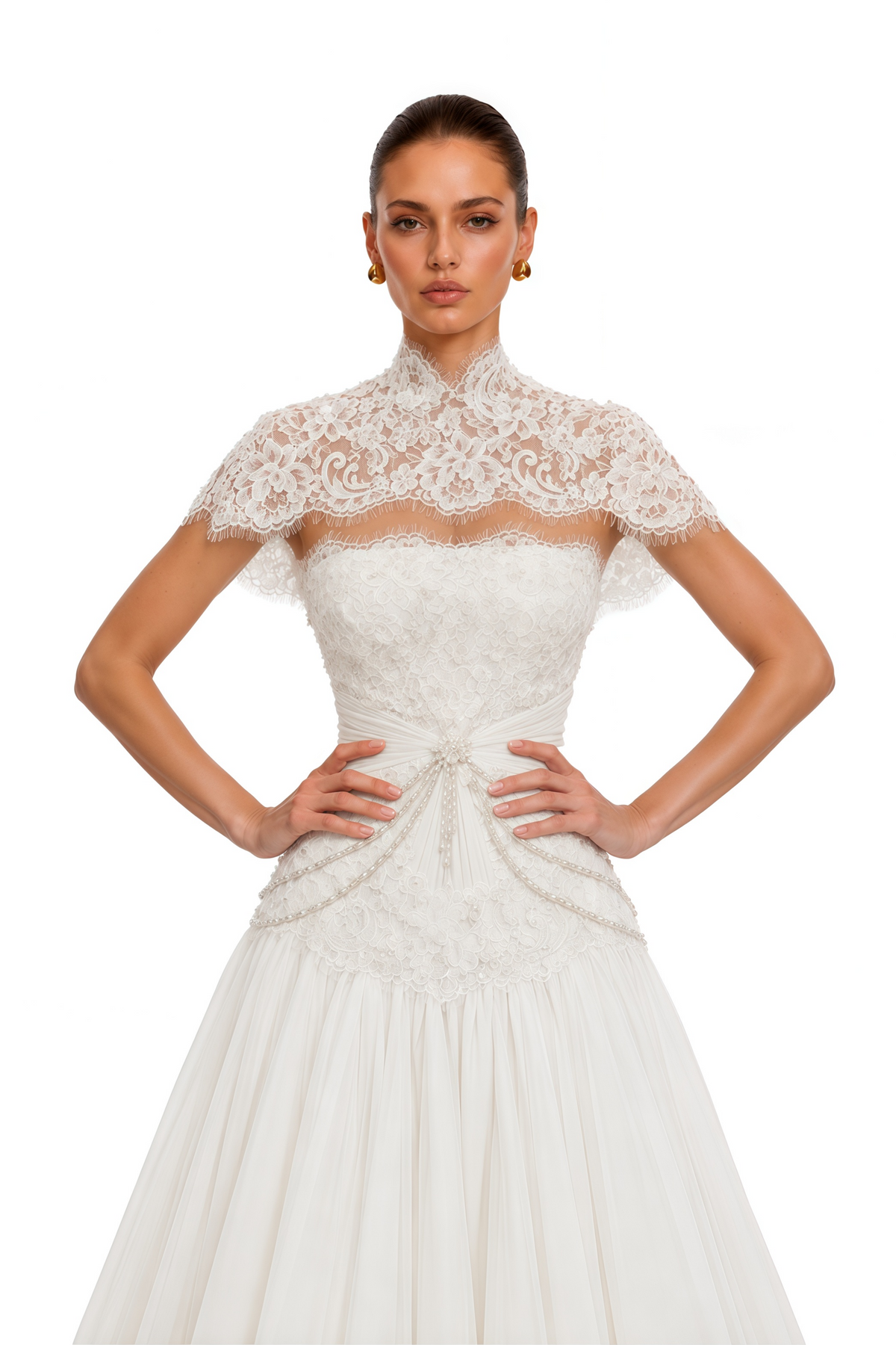 ianthe ivory high neck lace cape maxi dress