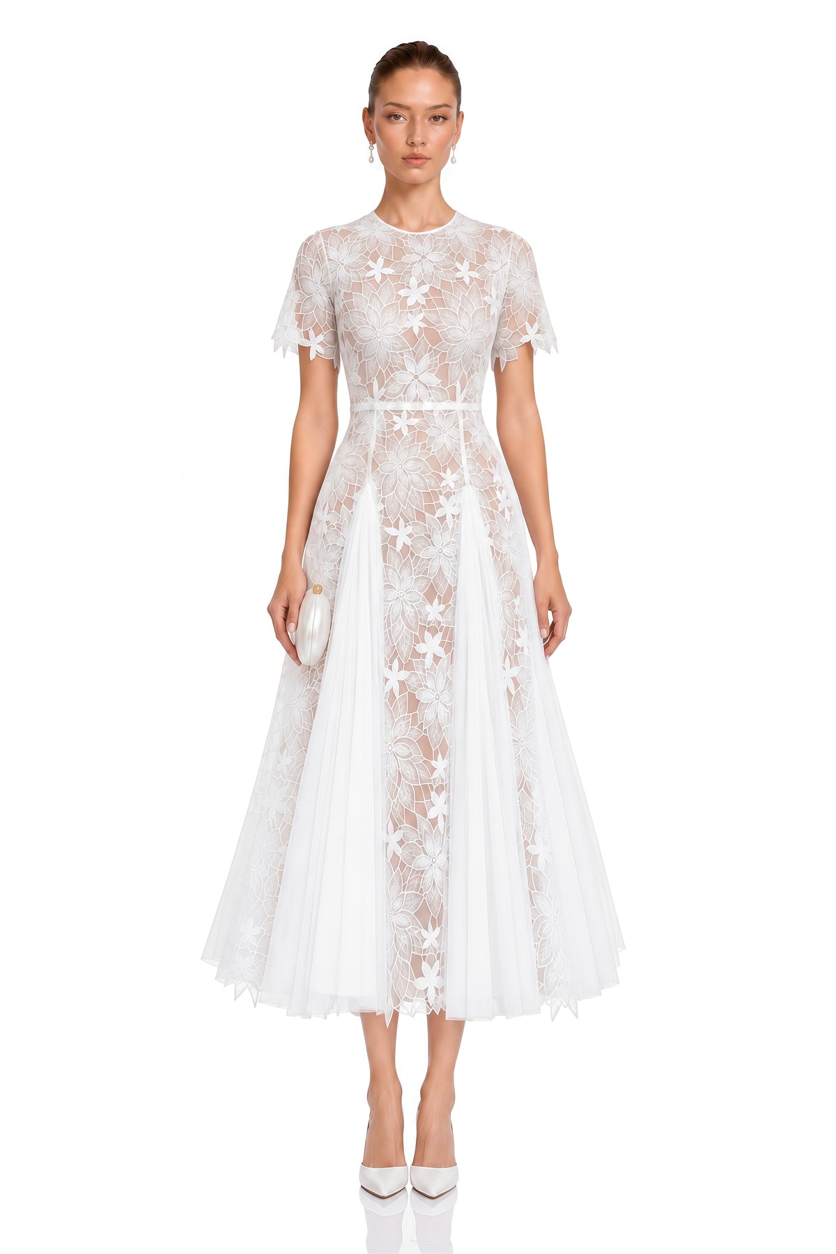 ianthe white floral embroidered pleated midi dress