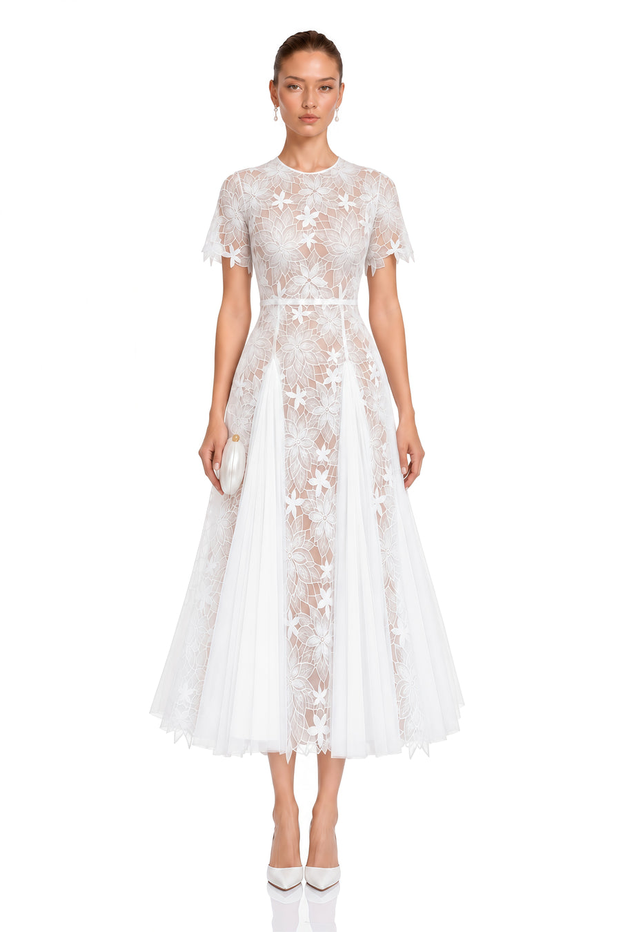 ianthe white floral embroidered pleated midi dress