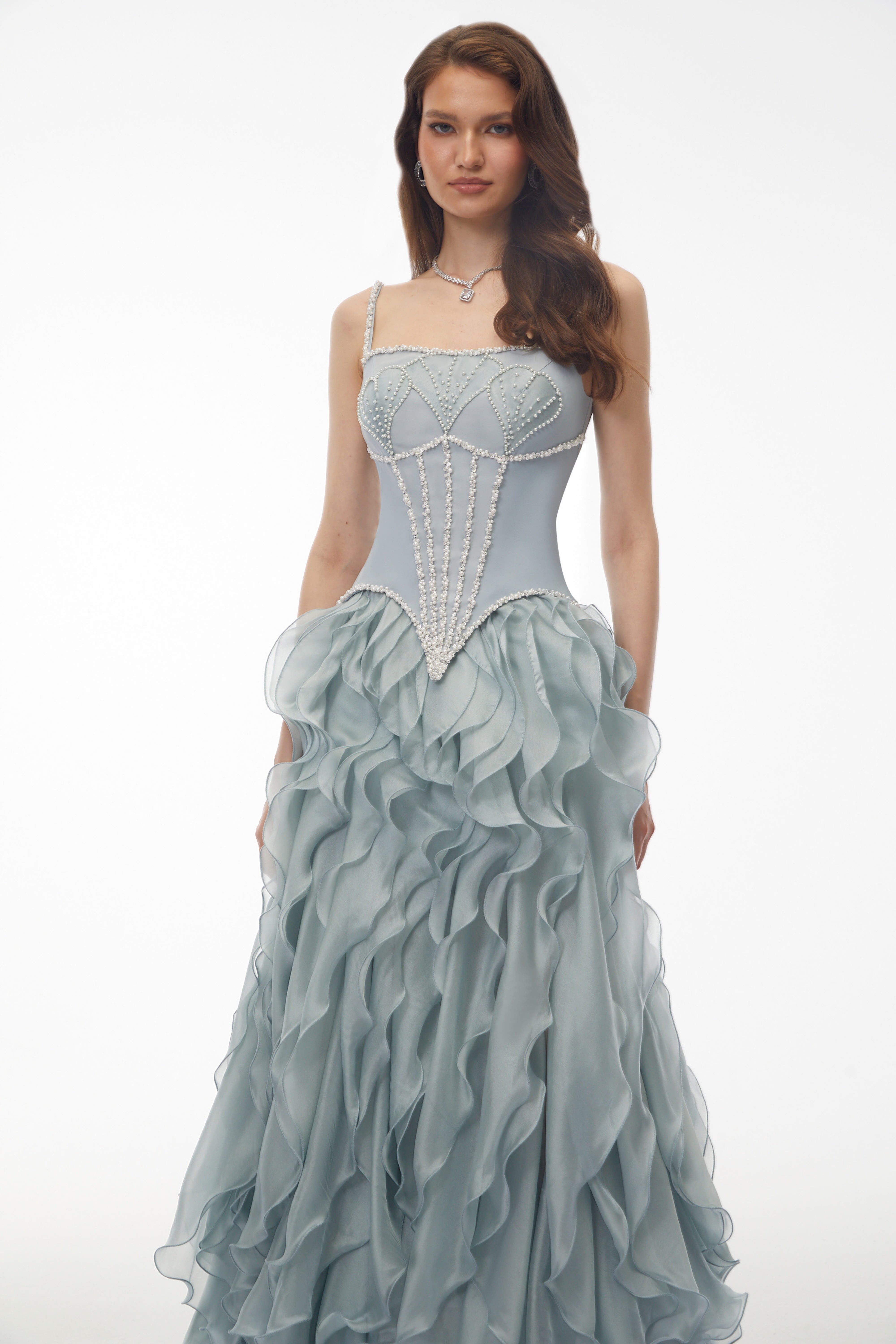 Ianthe Dusty Blue Ruffled Tulle Maxi Dress
