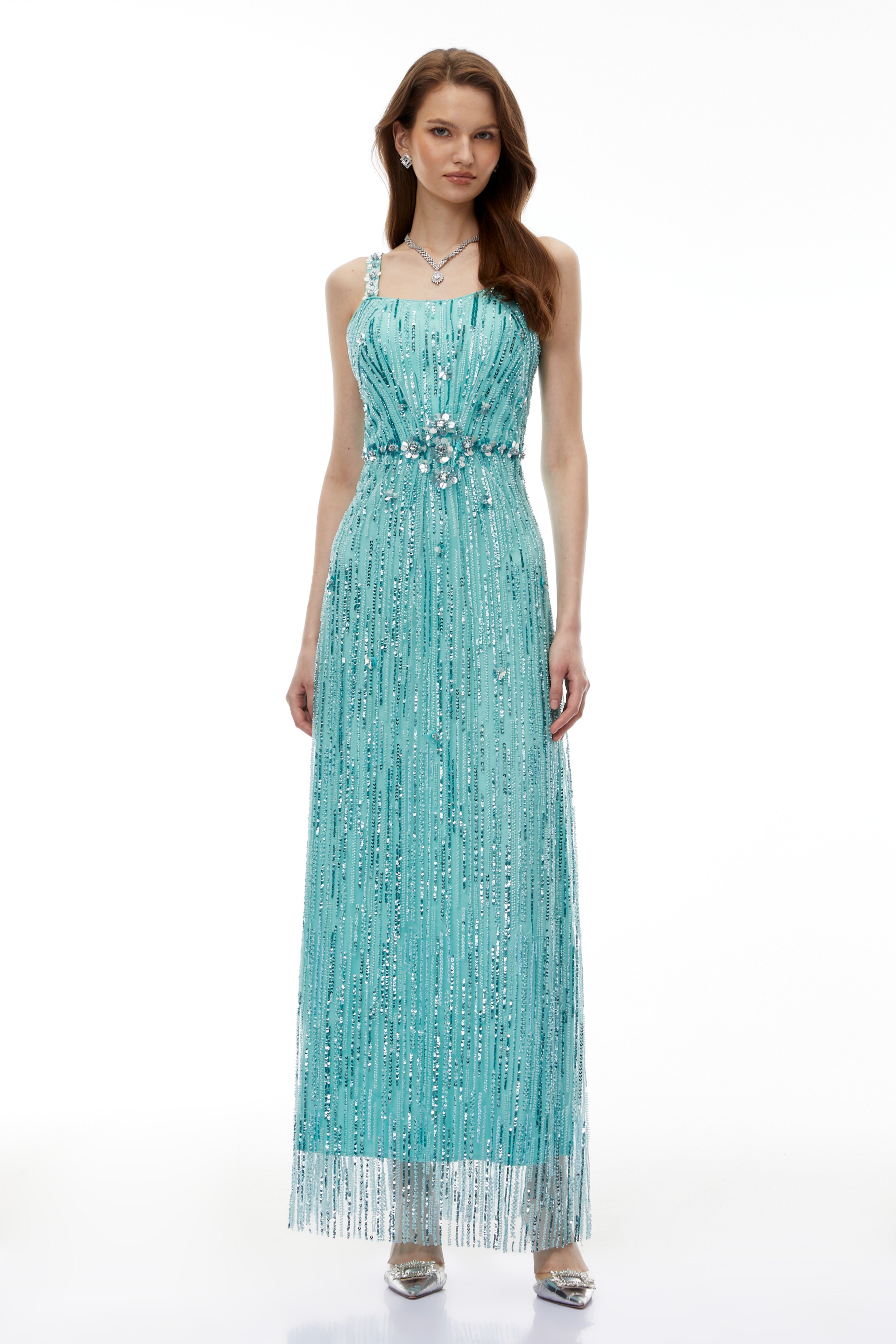 Ianthe Green Embellishment Fringed Maxi Dress