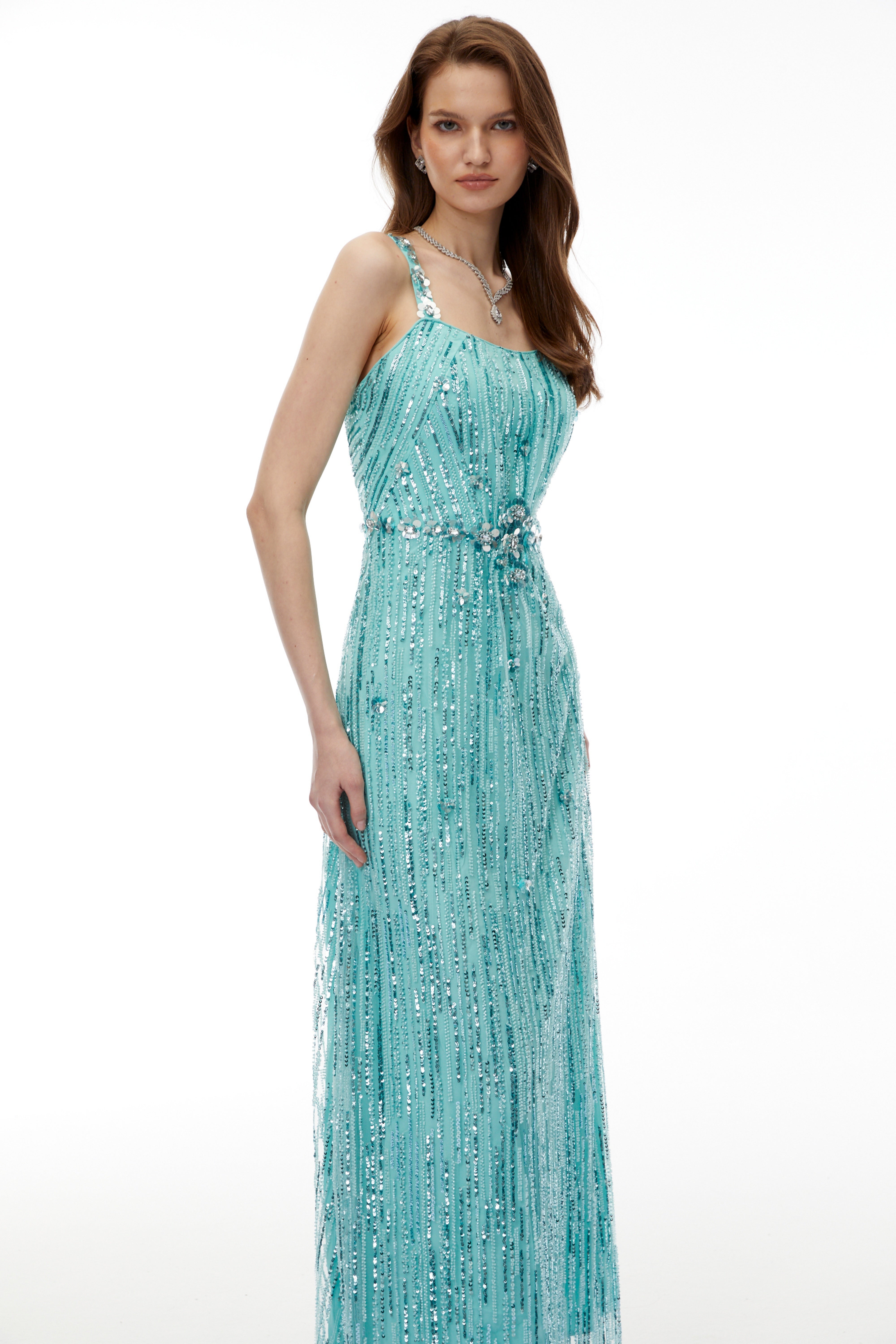 Ianthe Green Embellishment Fringed Maxi Dress