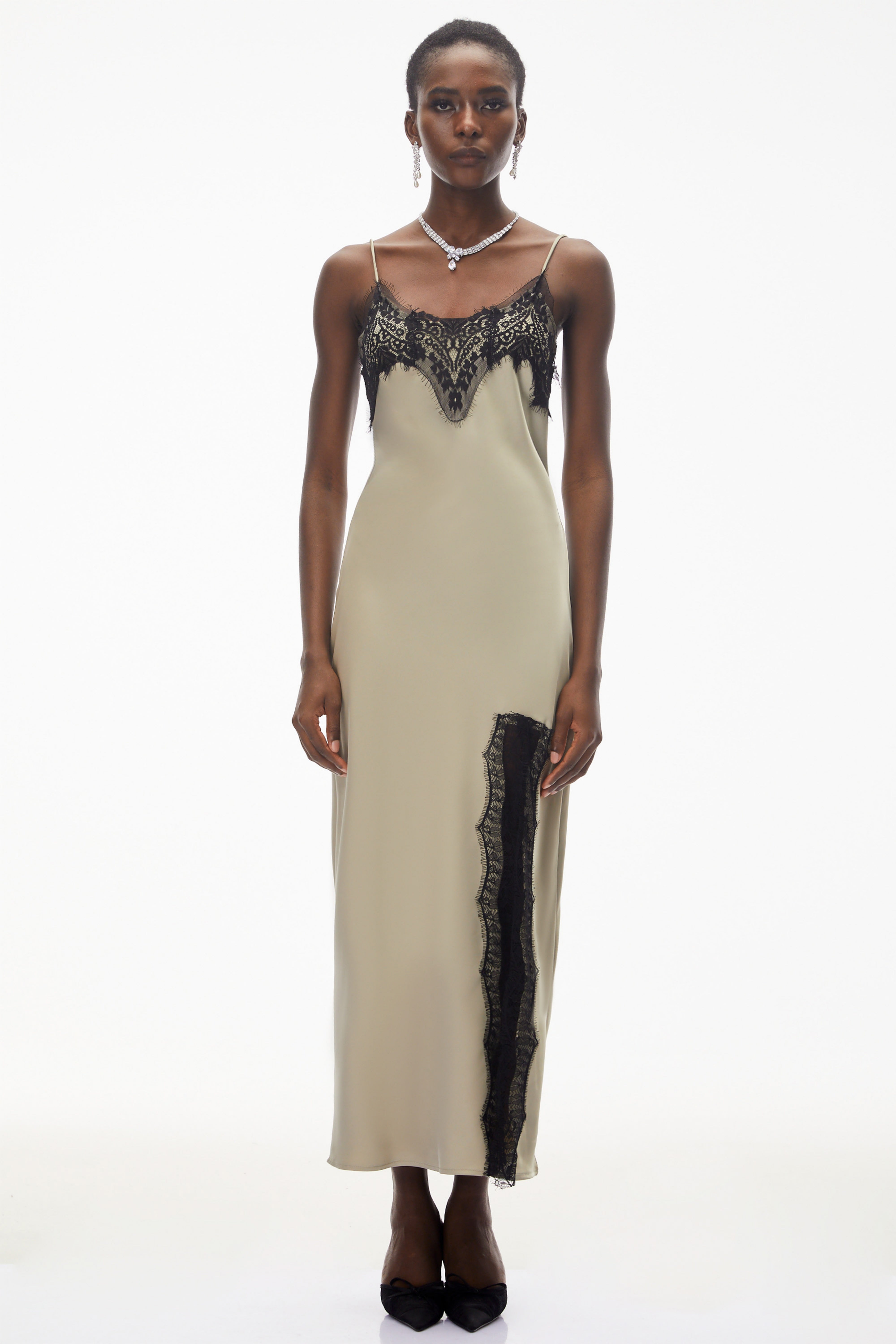 Ilmatar Sage Green Satin Maxi Dress with Lace Panels