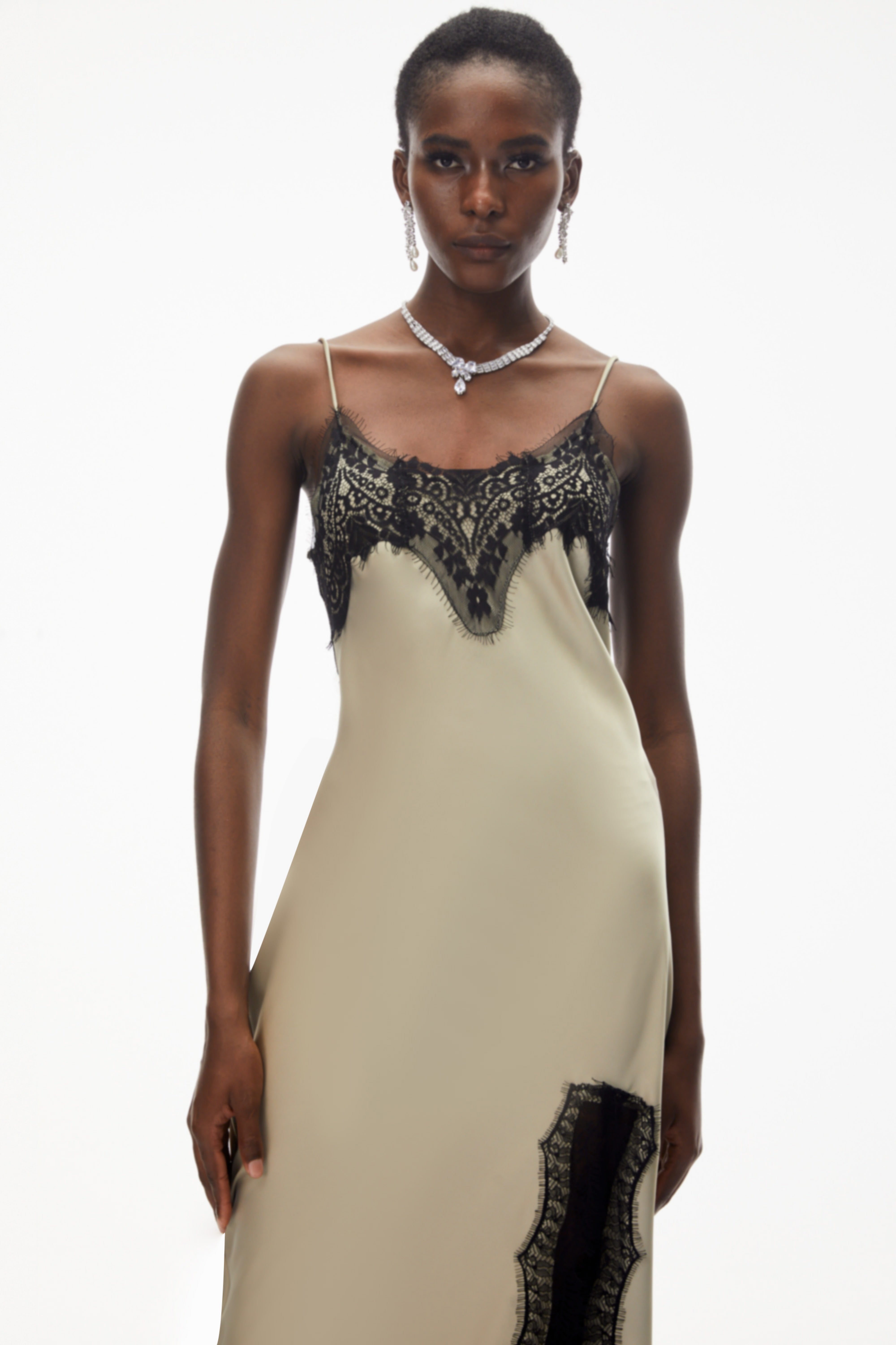 Ilmatar Sage Green Satin Maxi Dress with Lace Panels