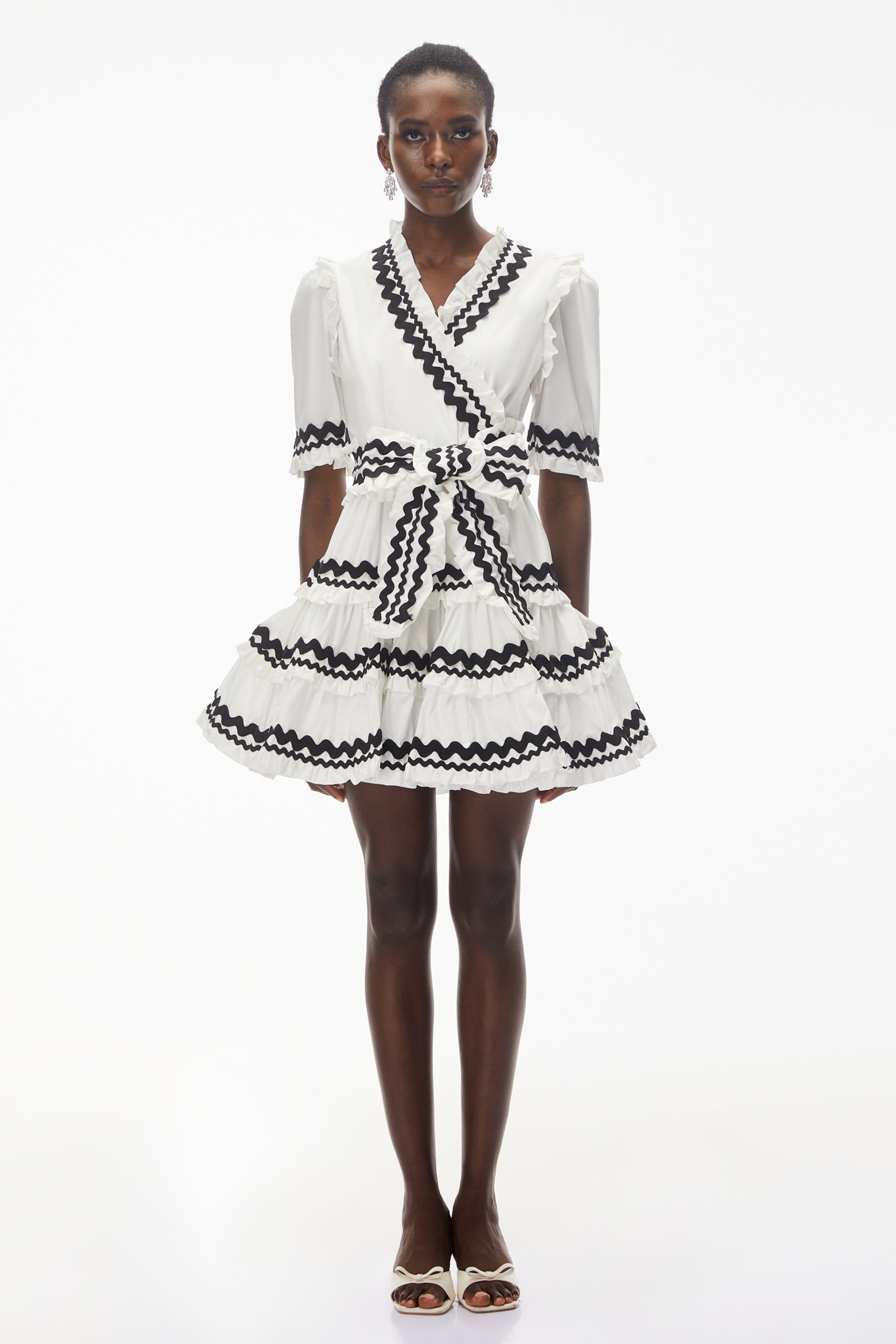 Inanna White V-Neck Ruffled Mini Dress