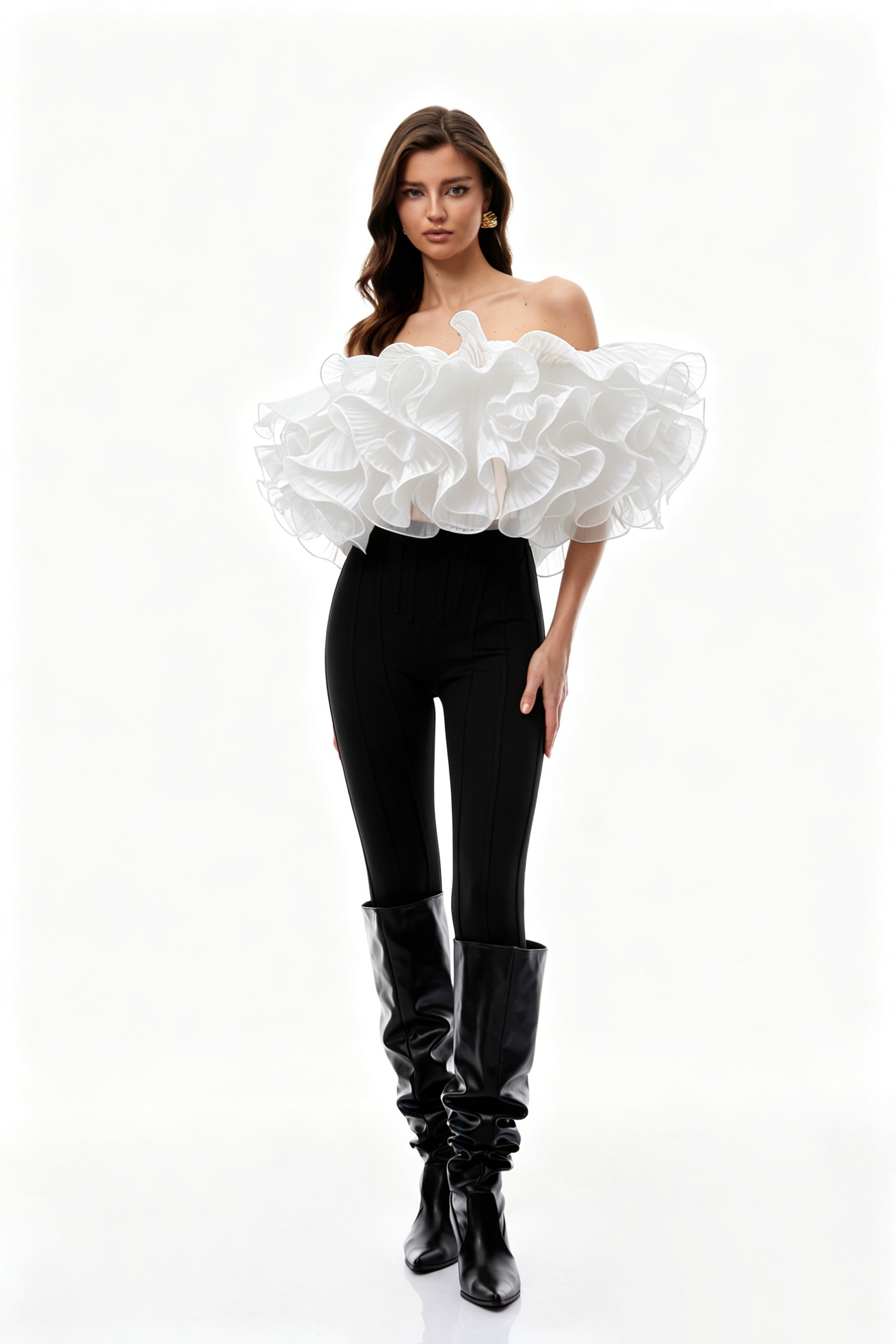 Inger White Pleated Ruffled Organza Top
