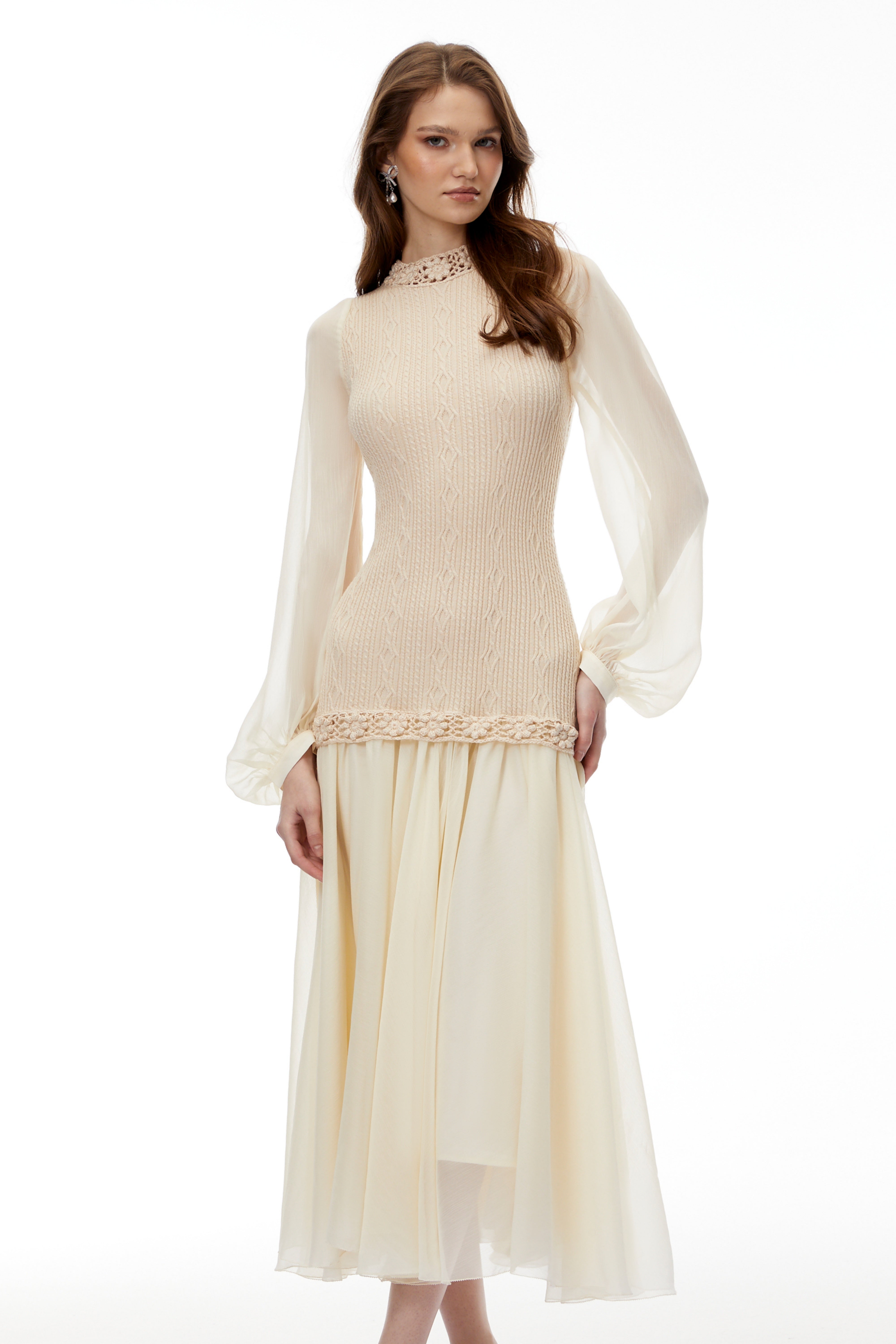 Iolanthe Champagne Floral Tulle Midi Dress (Final Sale)