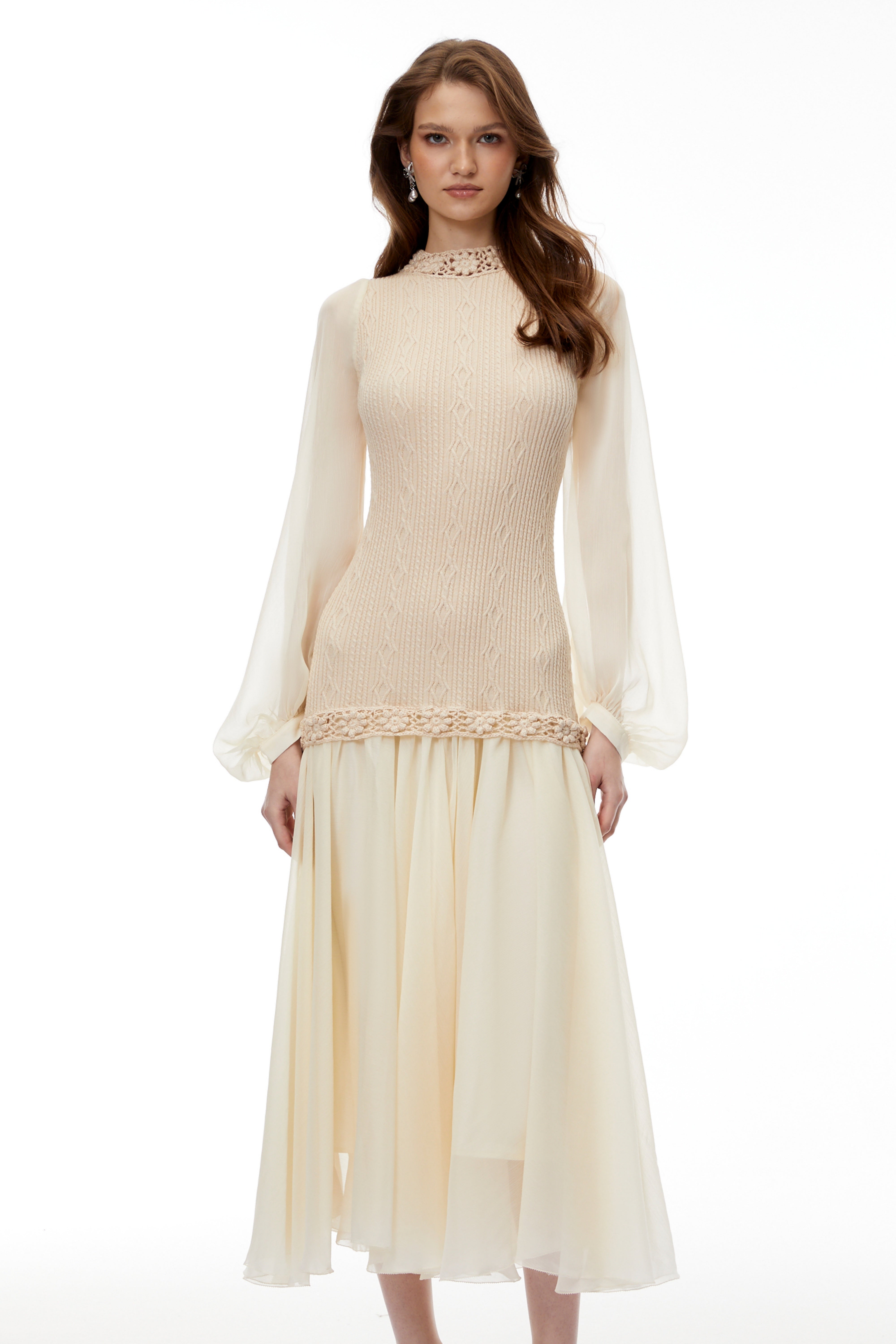 Iolanthe Champagne Floral Tulle Midi Dress (Final Sale)