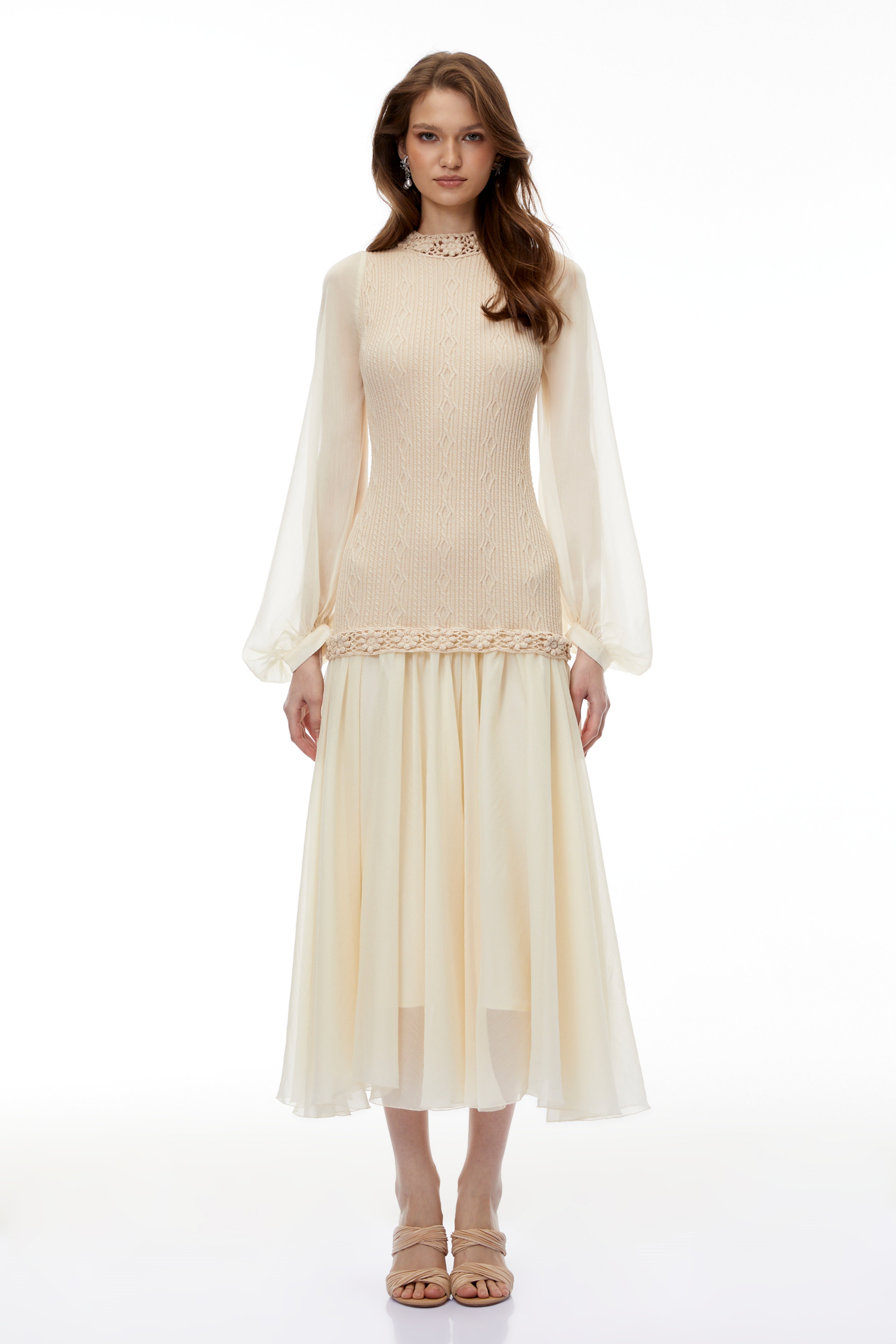 Iolanthe Champagne Floral Tulle Midi Dress (Final Sale)