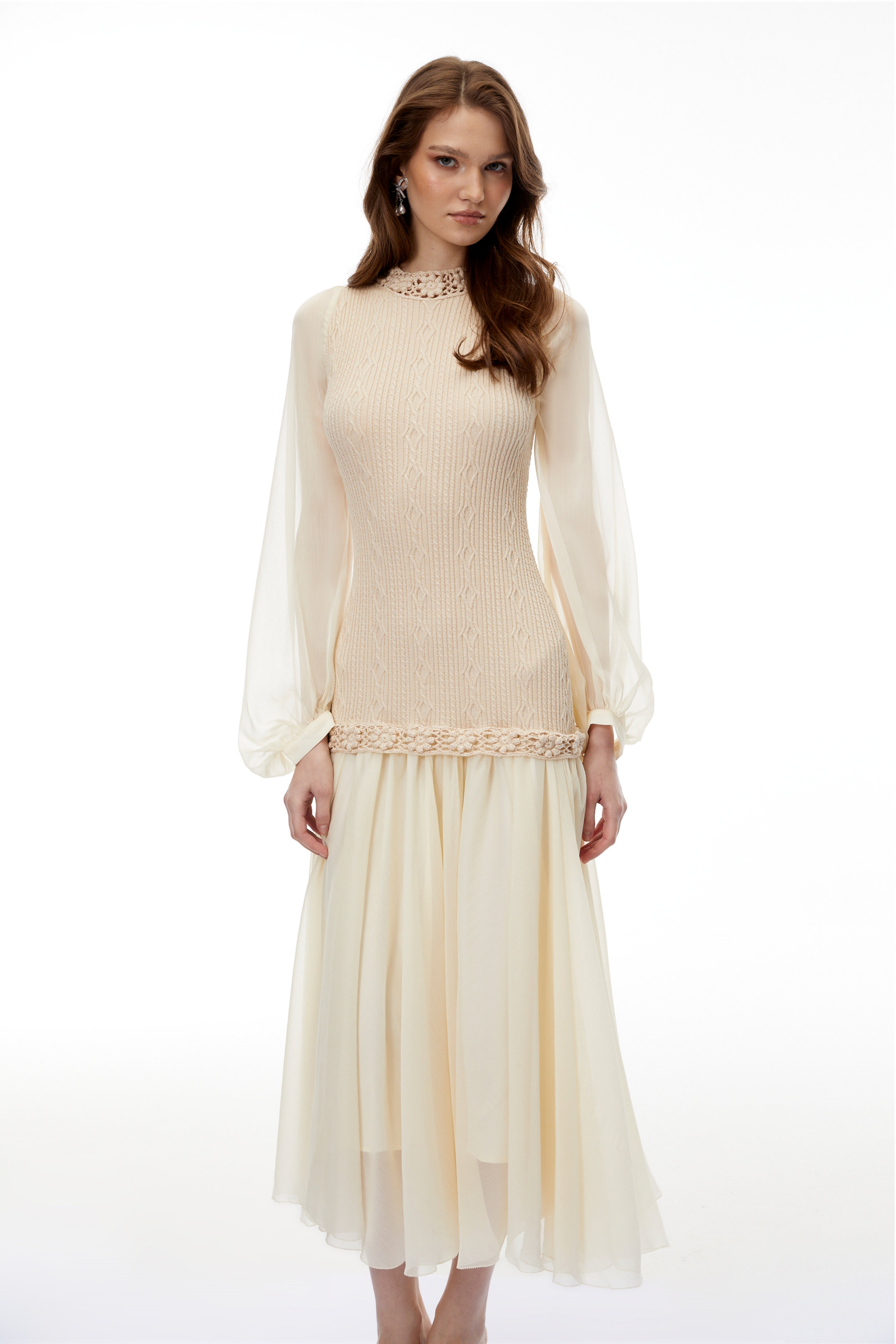 Iolanthe Champagne Floral Tulle Midi Dress (Final Sale)
