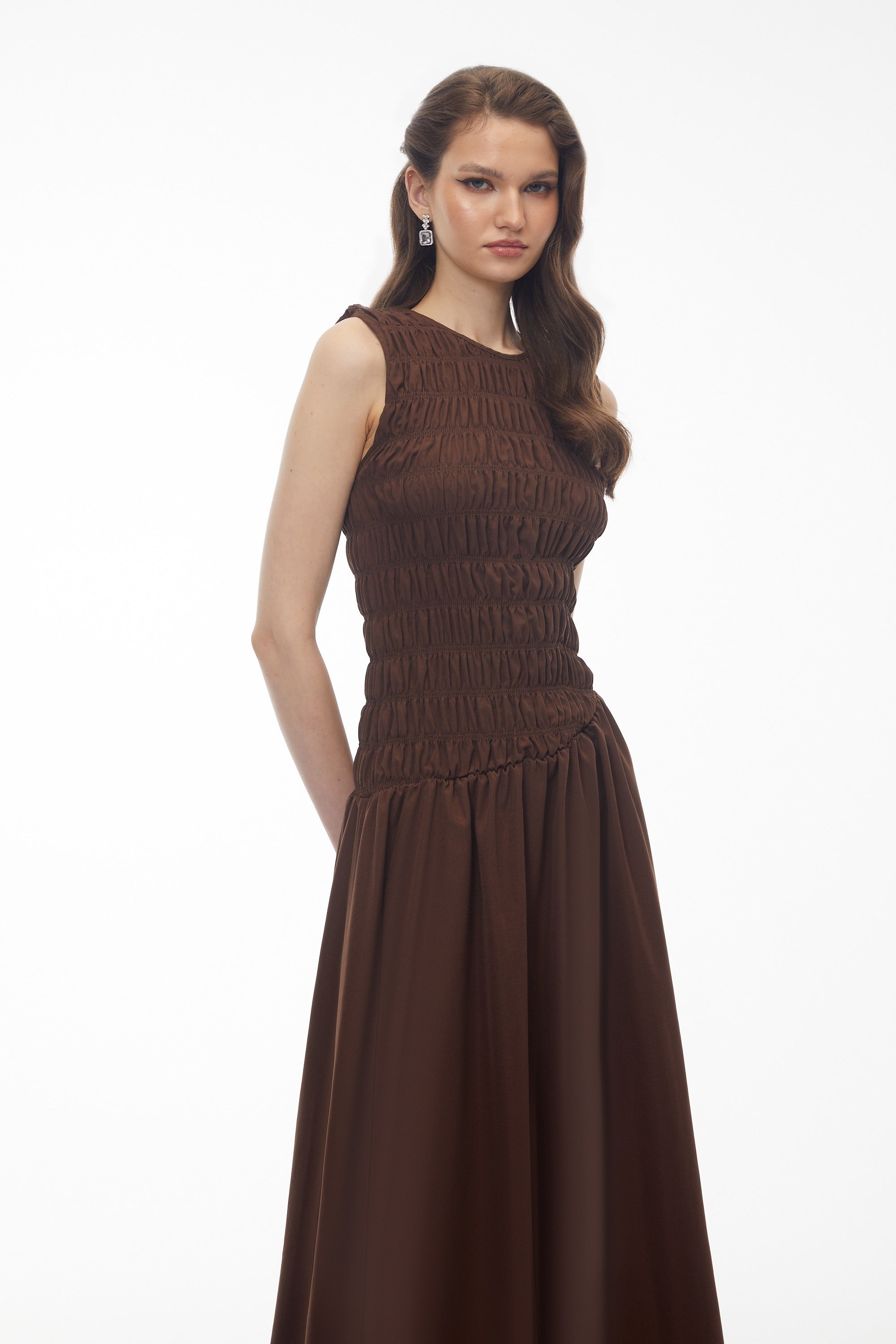 Iolanthe Chocolate Brown Asymmetrical Ruched Midi Dress