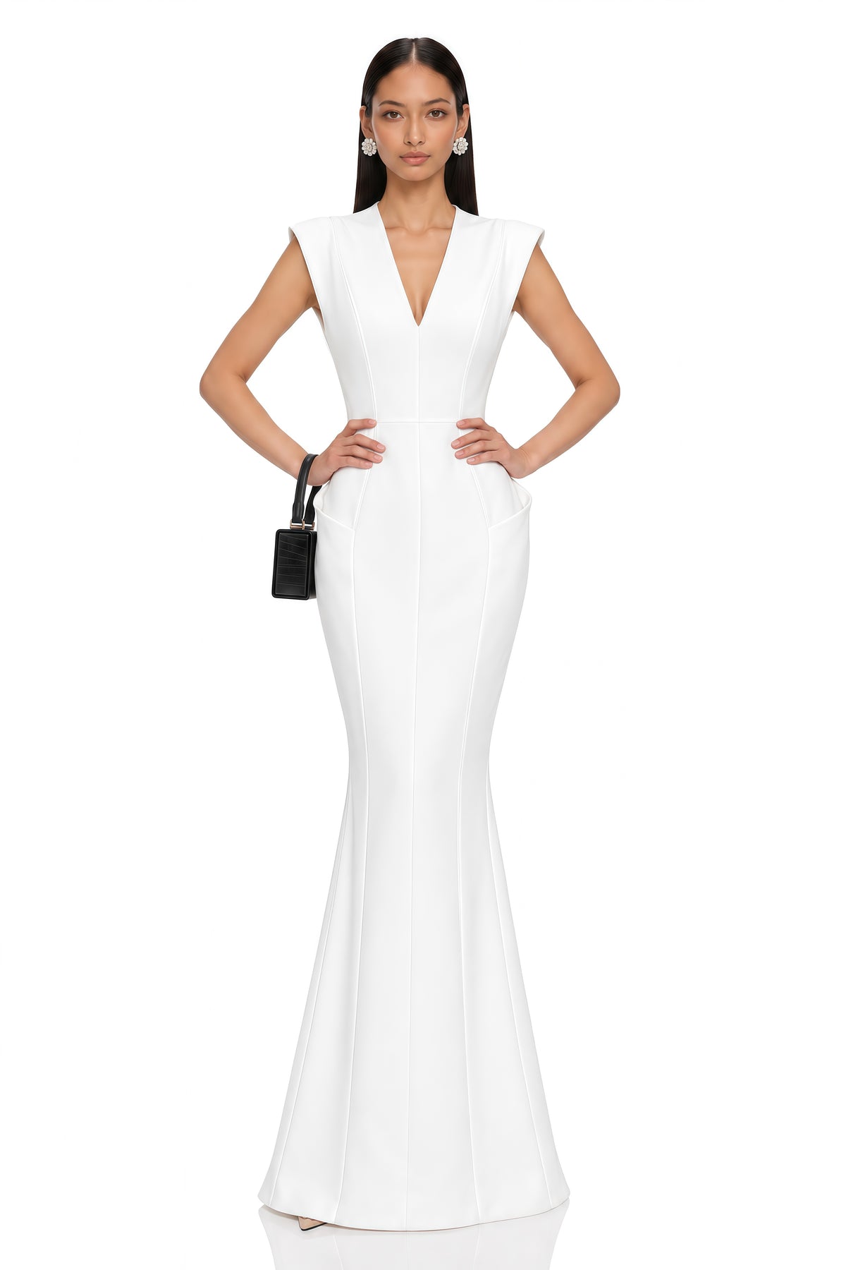 ione white plunge neck sculpted maxi dress
