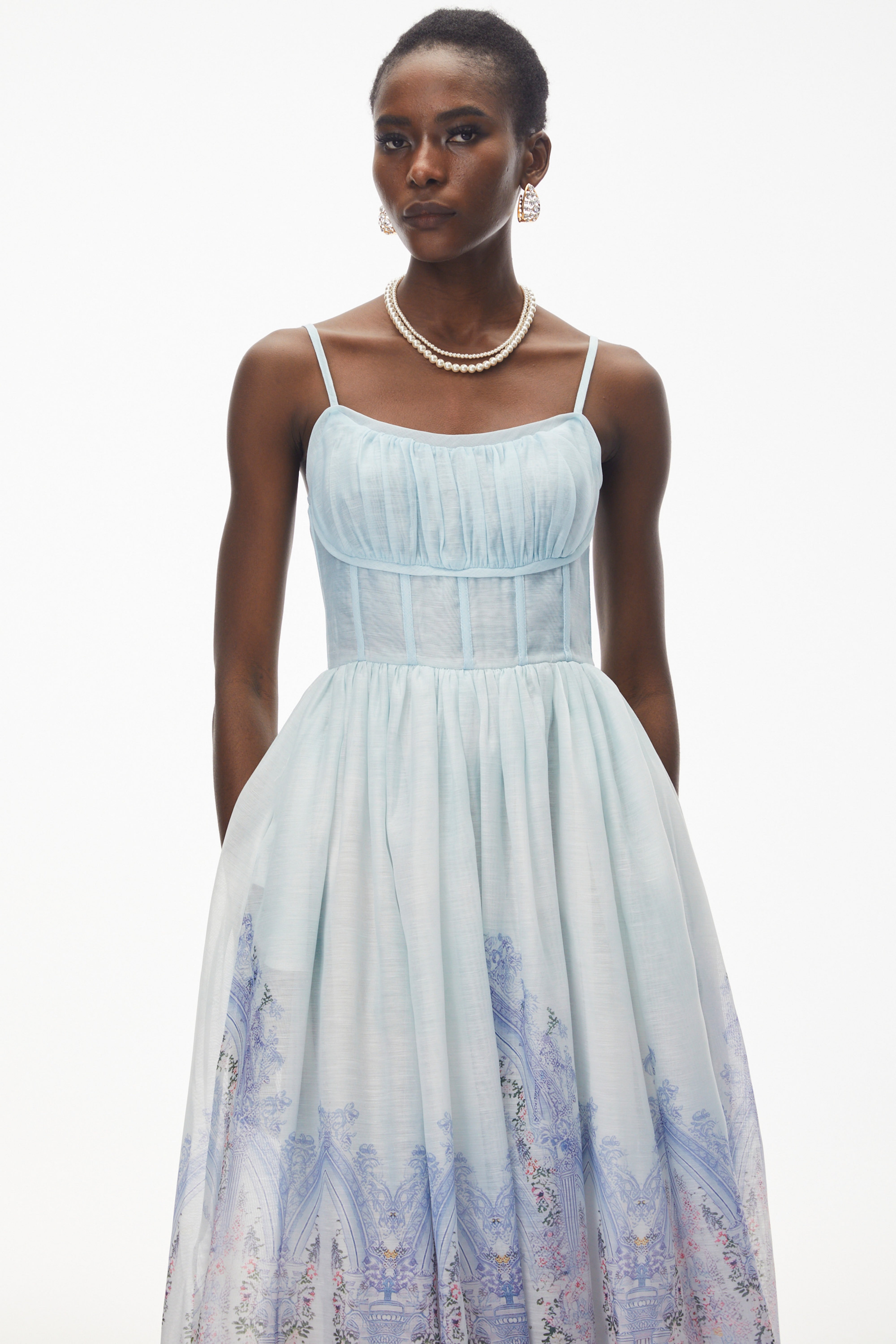 Iris Blue Sleeveless Ruched Midi Dress