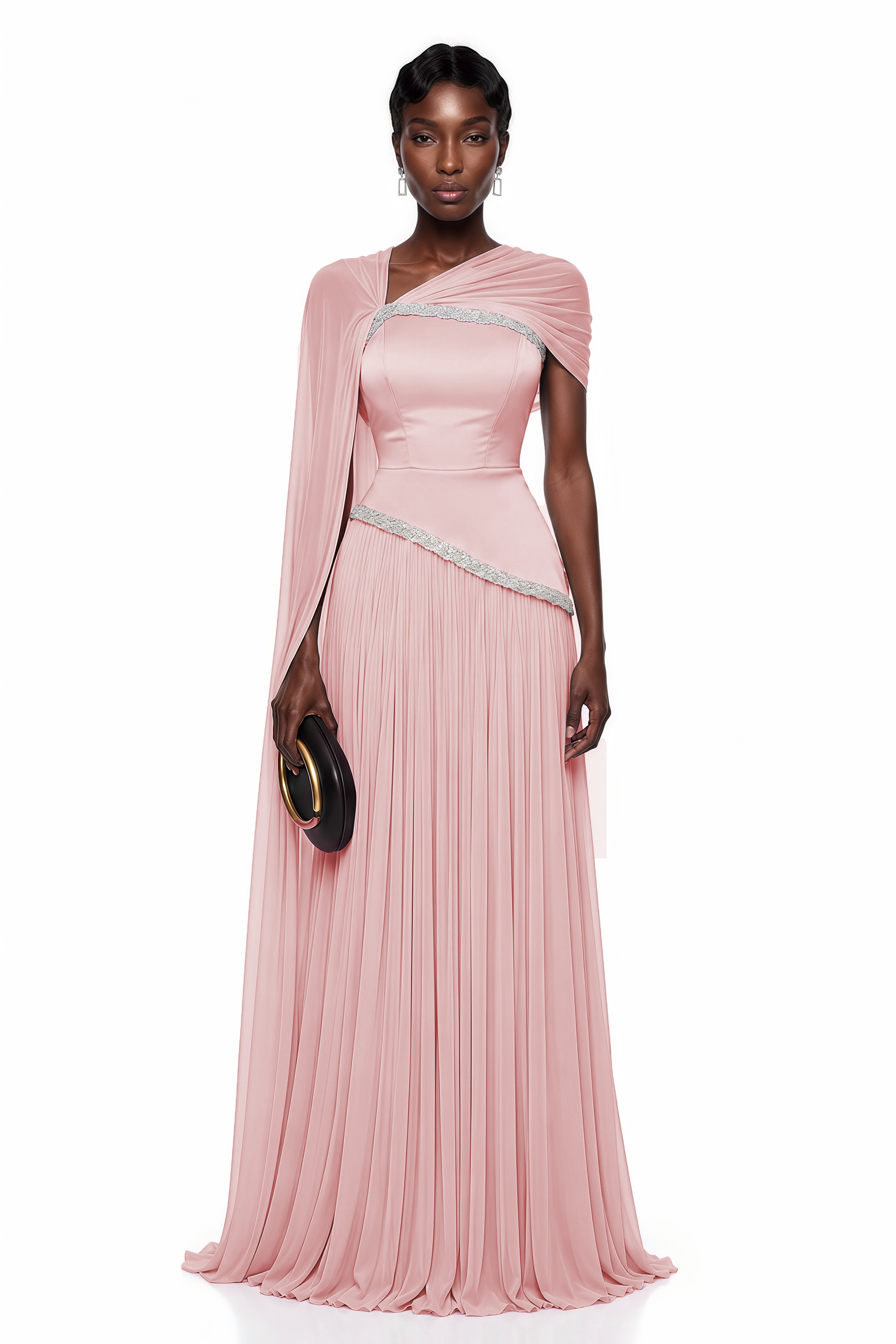 Iris Pink Embellished Asymmetrical Maxi Dress with Cape