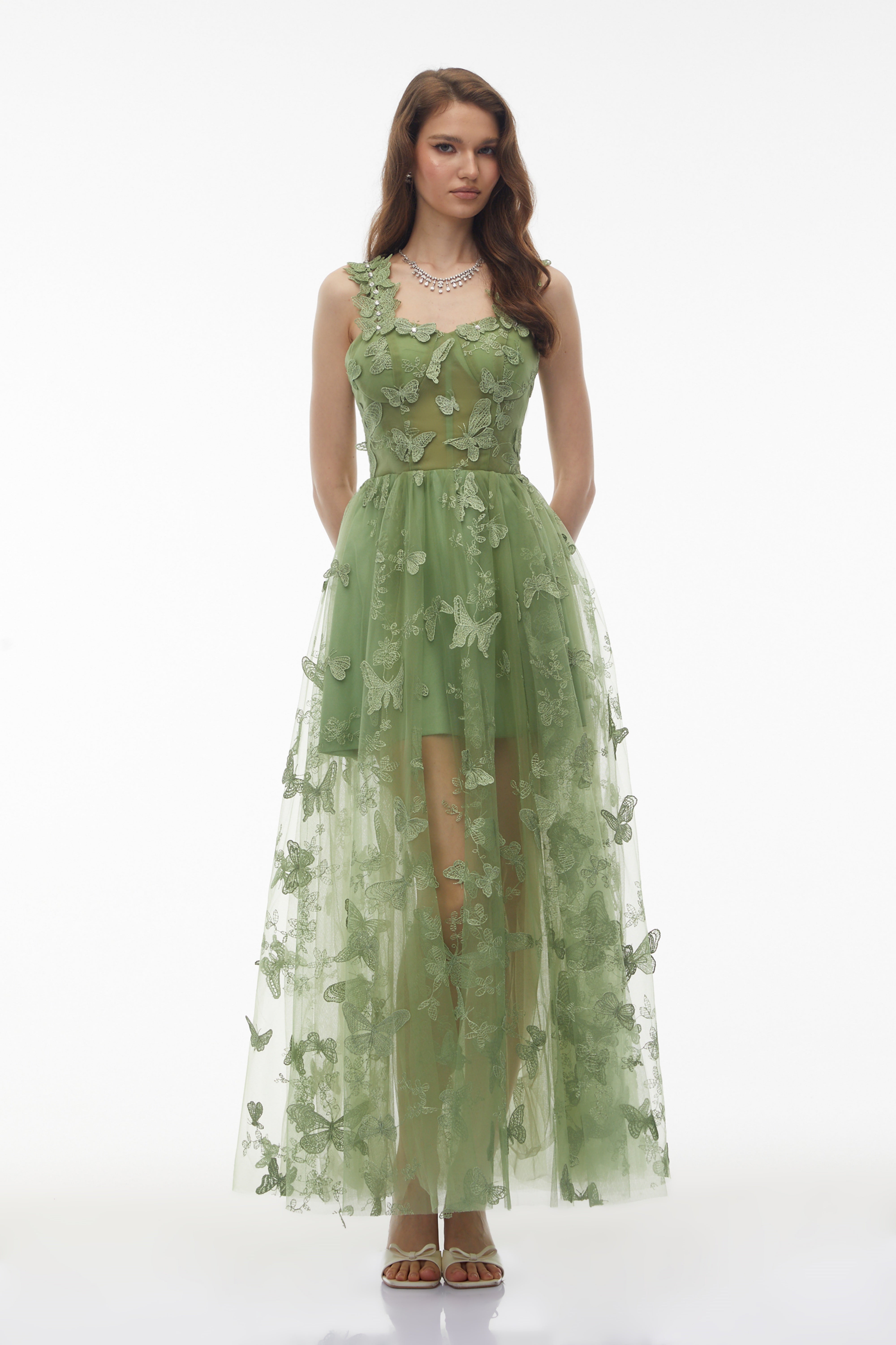Iris Sage Green Tulle Maxi Dress with 3D Florals