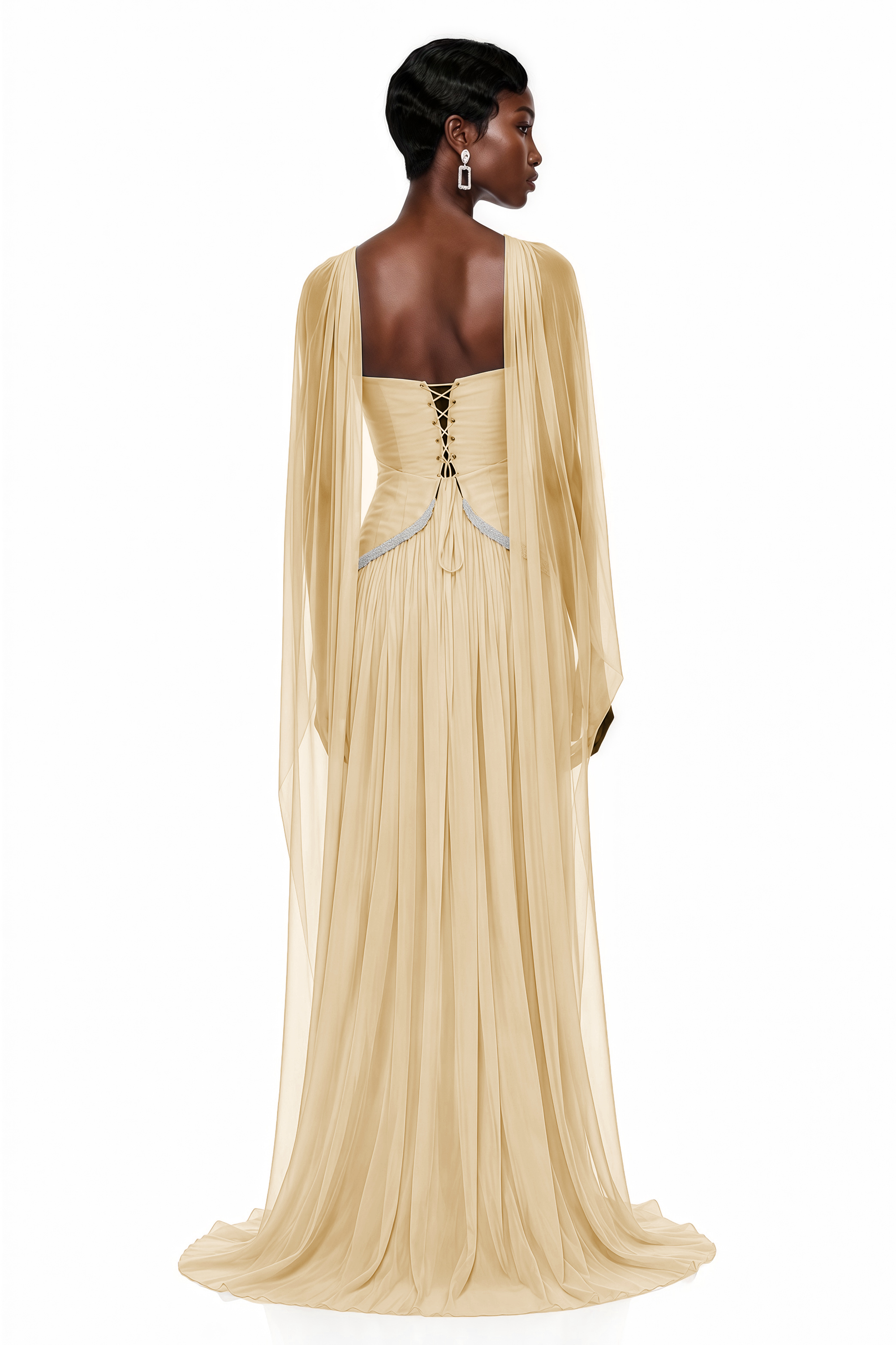 Iris Yellow Embellished Asymmetrical Maxi Dress with Cape