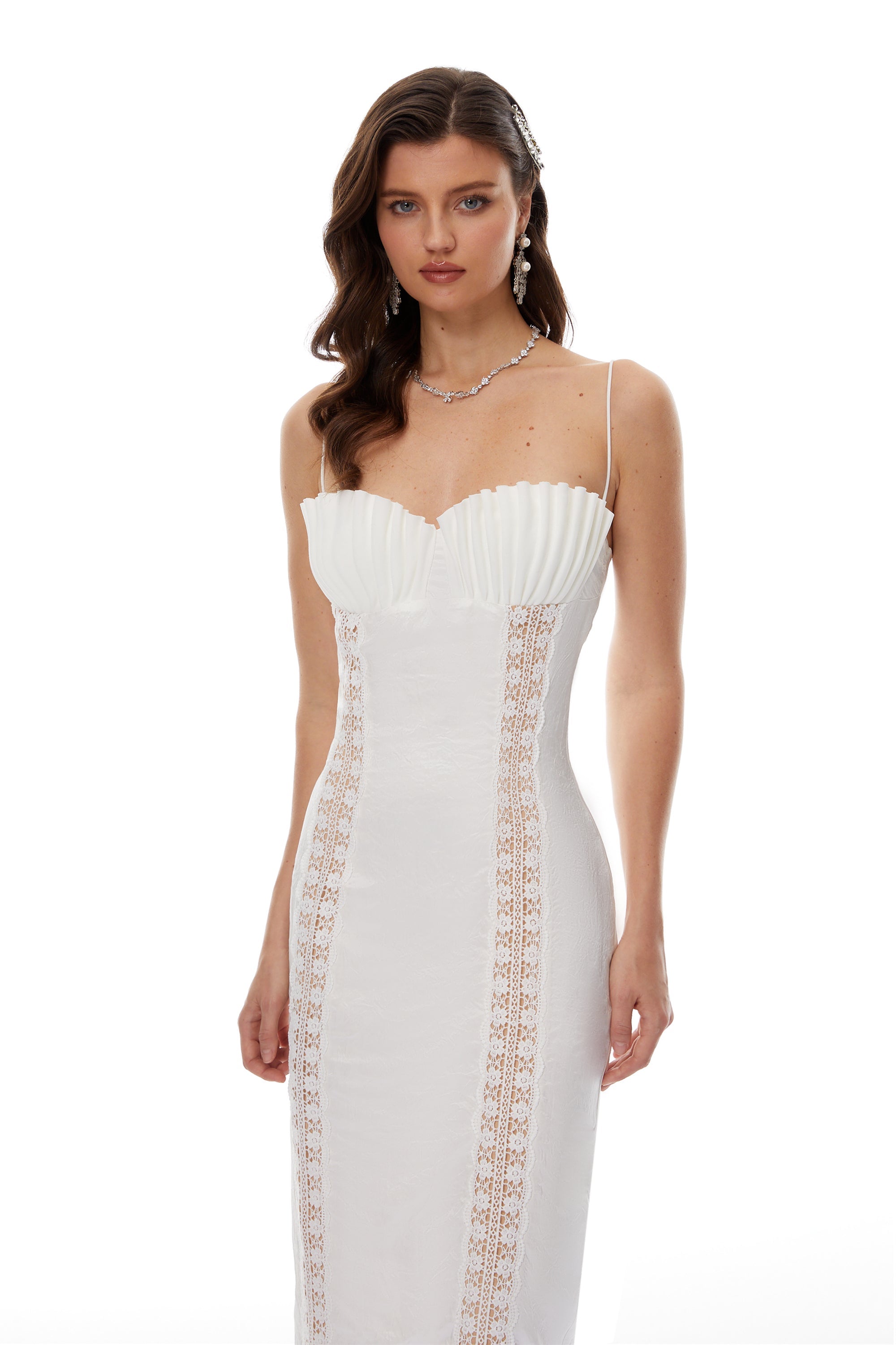 Irmgard White Shell Pleated Satin Midi Dress (Final Sale)