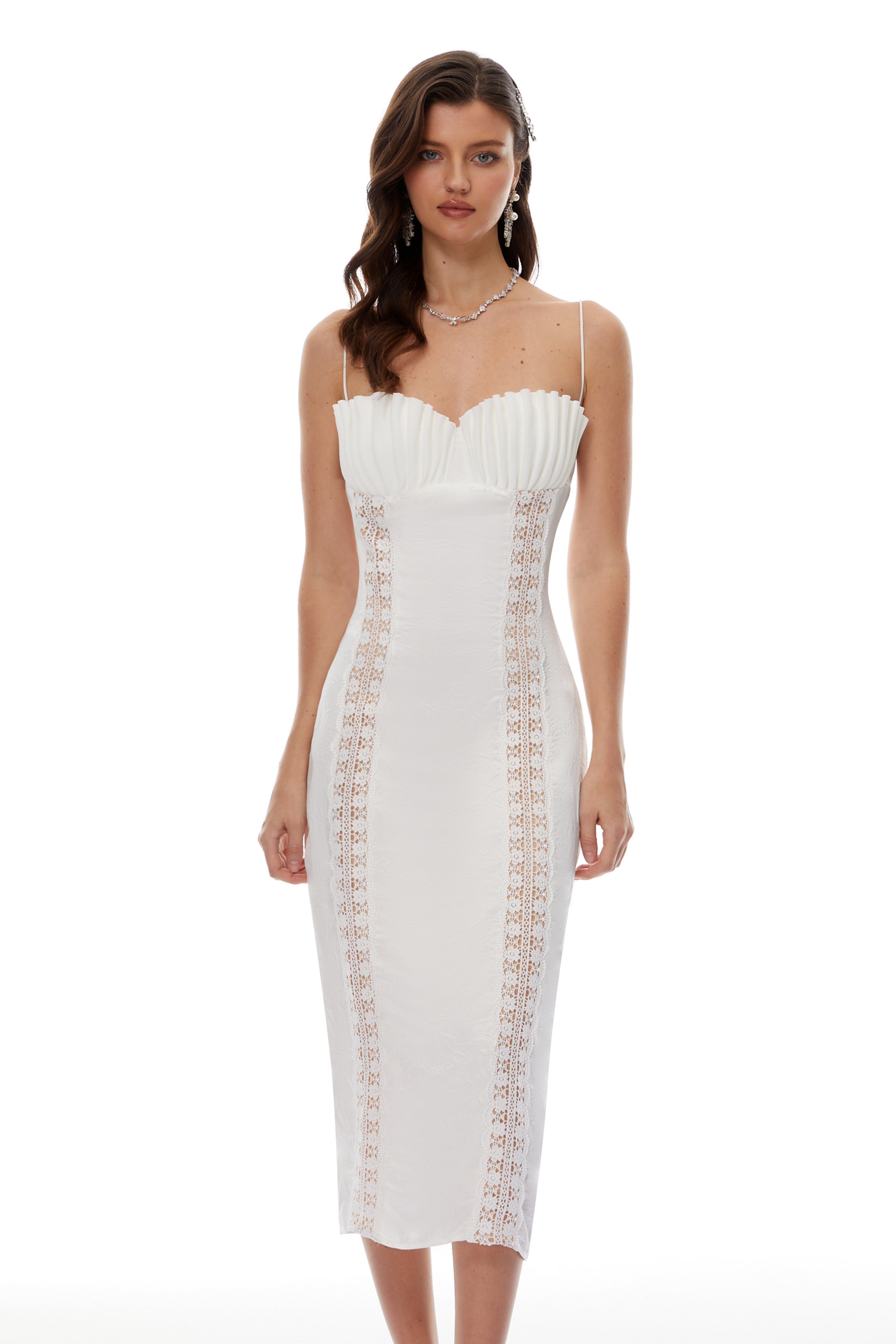 Irmgard White Shell Pleated Satin Midi Dress (Final Sale)