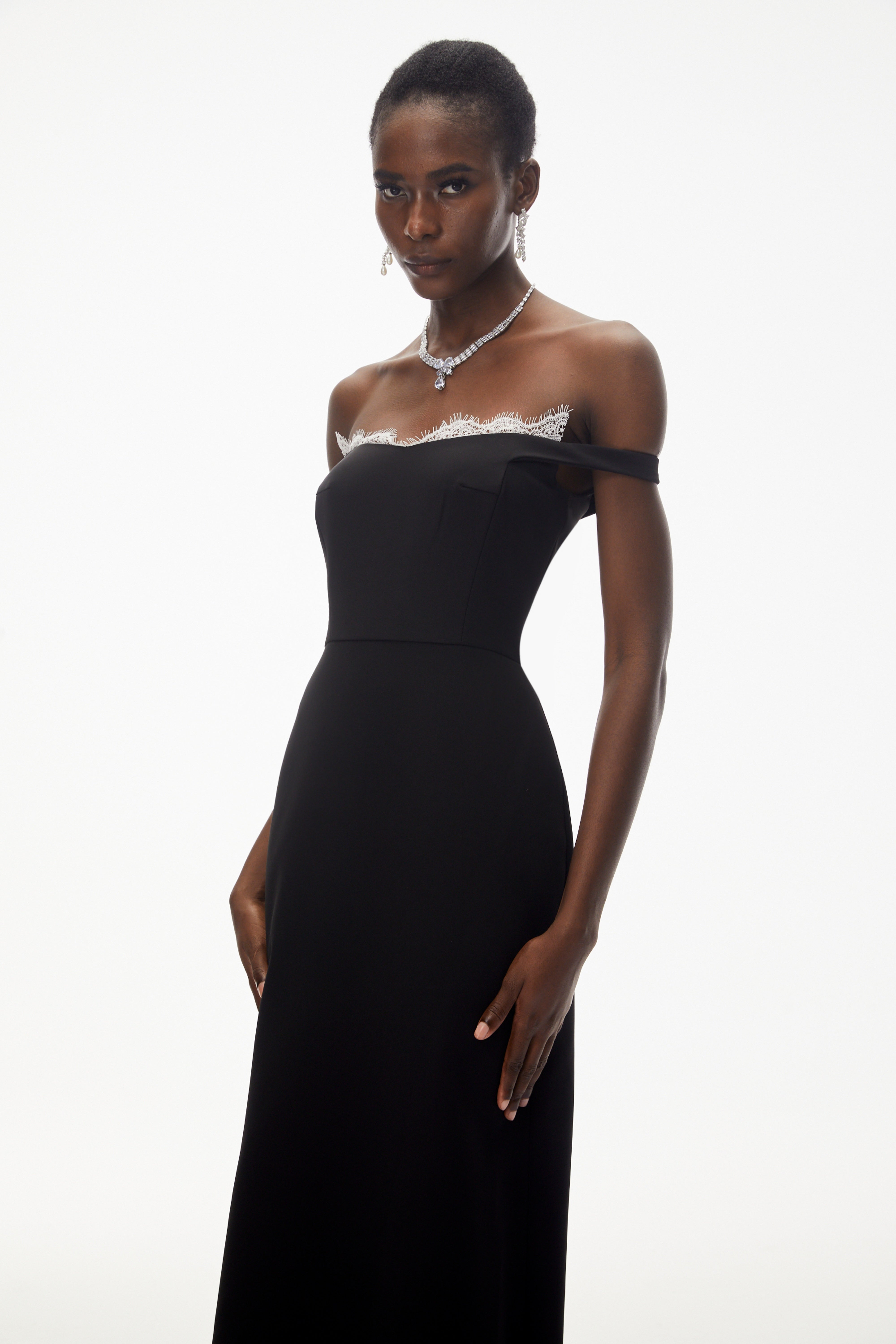 Isabella Black Off Shoulder Lace Panel Maxi Dress