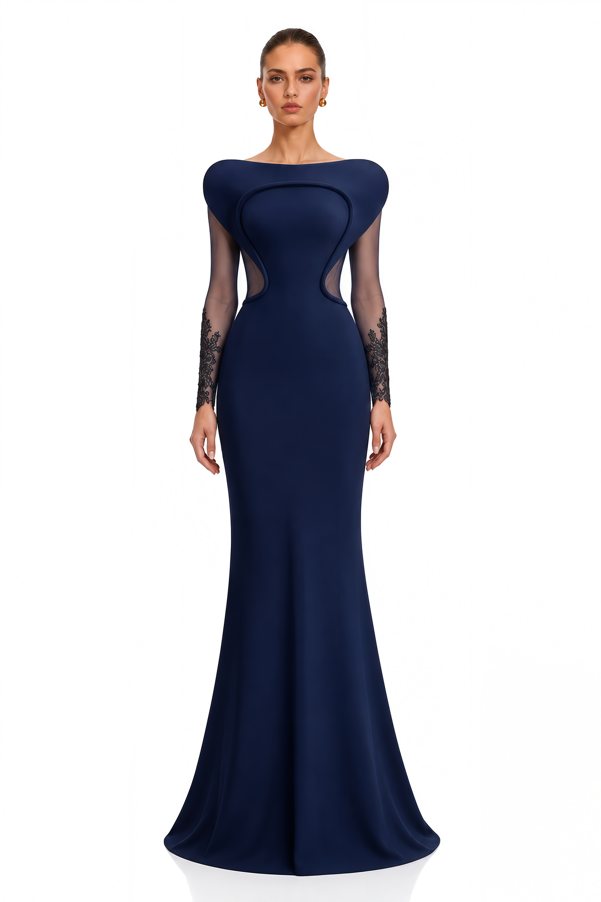 isadora navy blue sculpted neck lace sleeve maxi dress