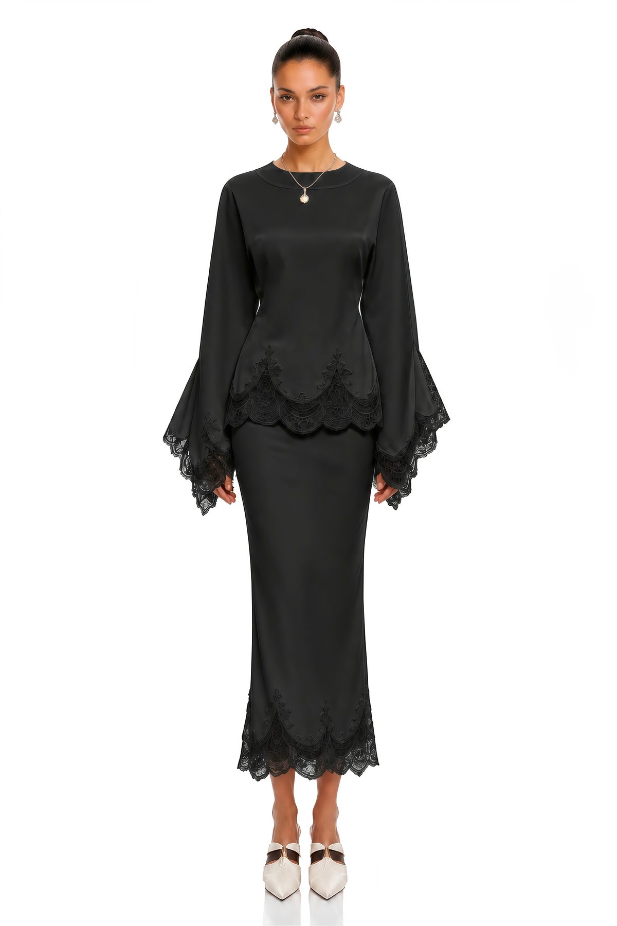 isioma black scalloped long sleeve blouse & midi skirt set