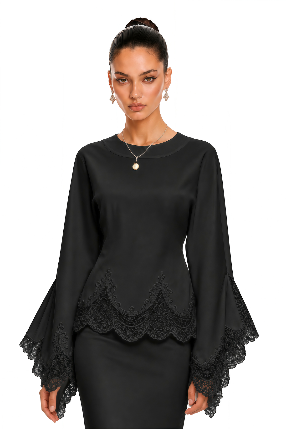 isioma black scalloped long sleeve blouse & midi skirt set