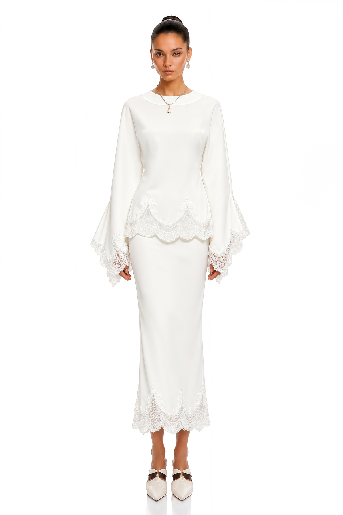isioma white scalloped long sleeve blouse & midi skirt set