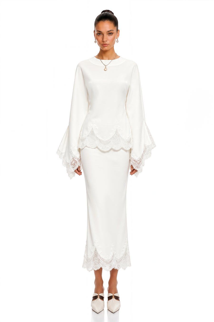 isioma white scalloped long sleeve blouse & midi skirt set