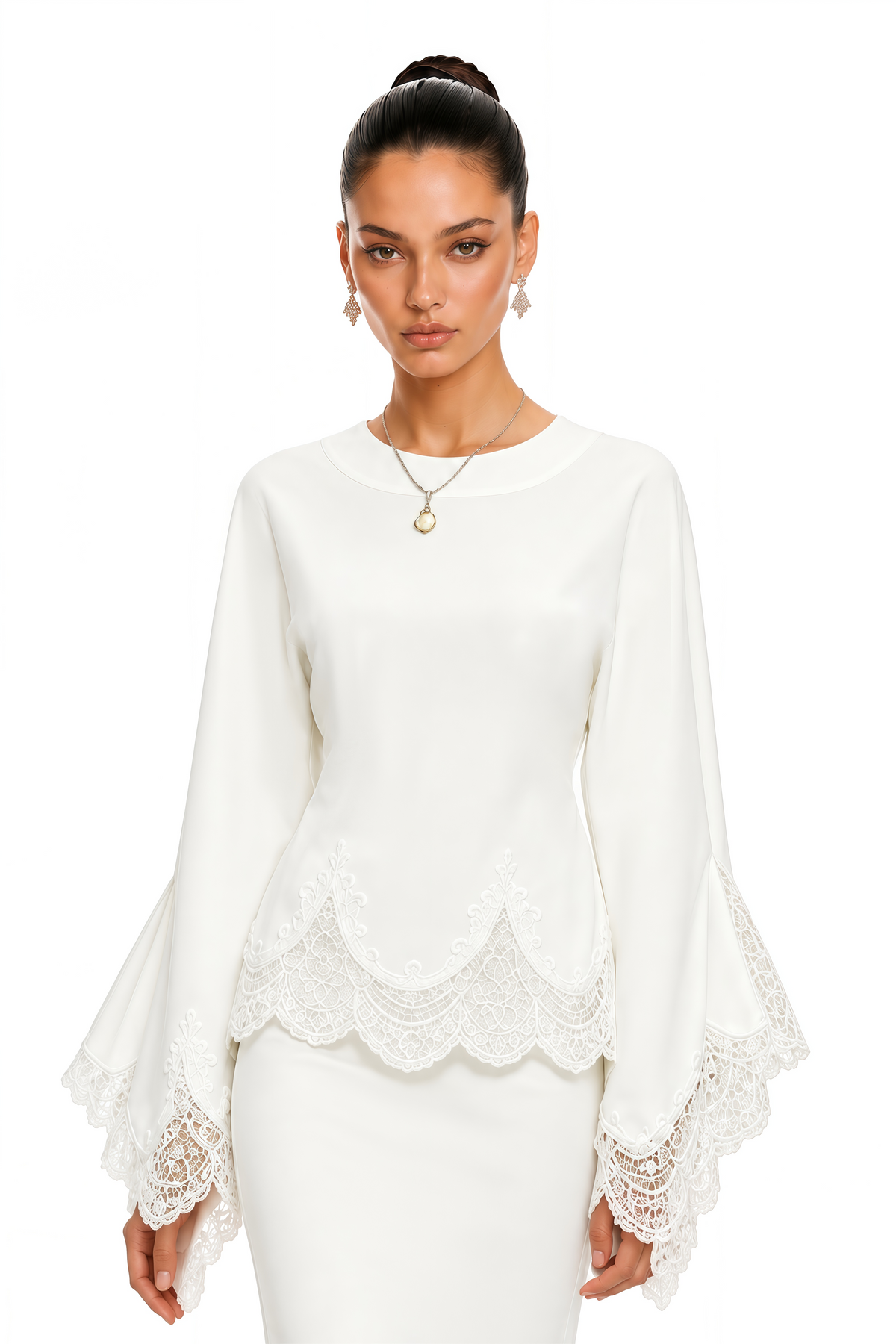 isioma white scalloped long sleeve blouse & midi skirt set